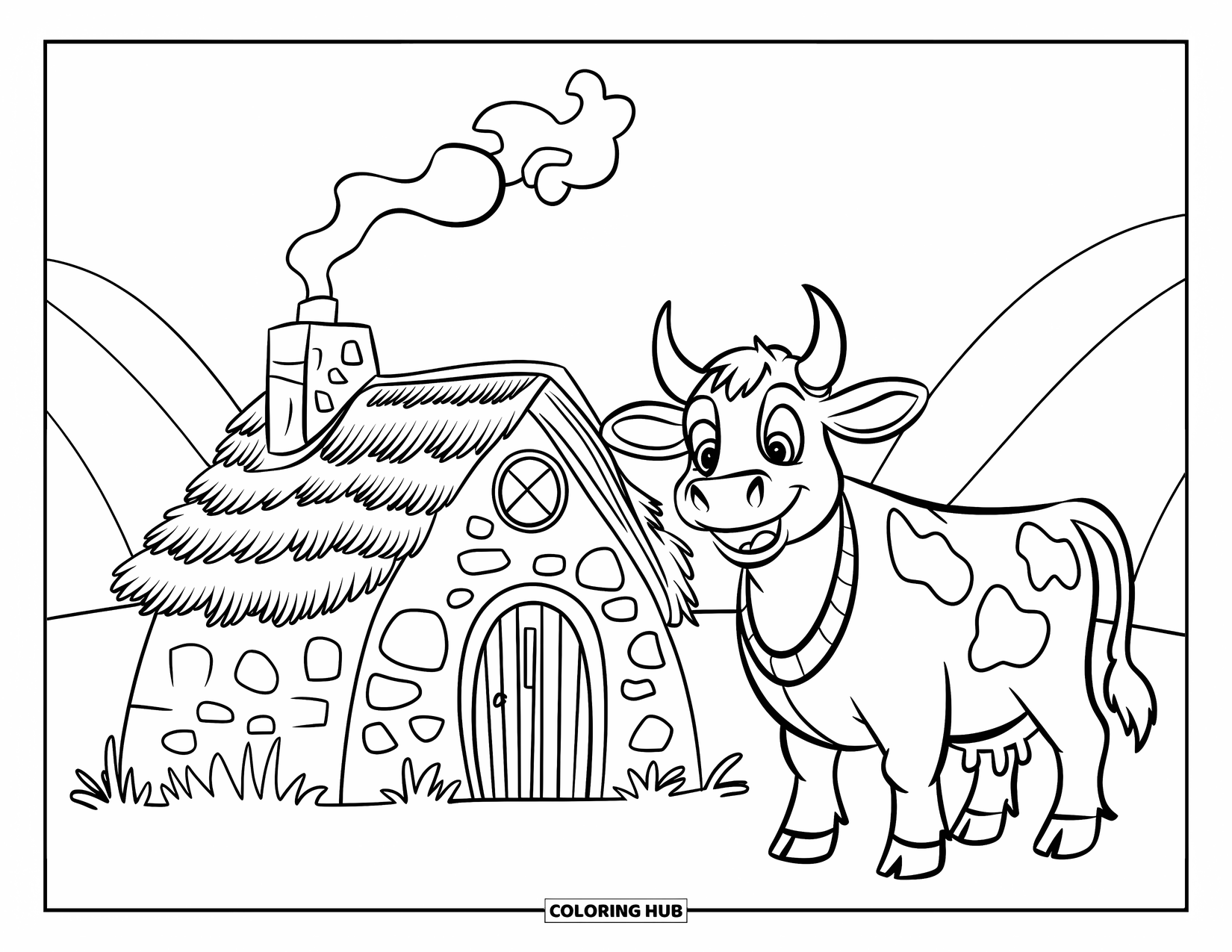 Highland Cow Coloring Page for Kids: A happy cow in a polka-dot sweater stands near a little stone hut with smoke rising