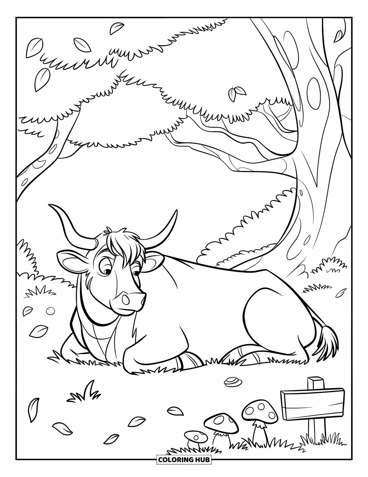 Highland Cow Coloring Page for Kids: A highland cow lies under a tree with scattered leaves, mushrooms, and a nearby sign