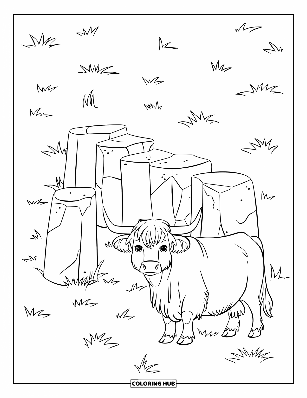 Highland Cow Coloring Page for Kids: A highland cow stands beside ancient stones surrounded by tufts of grass
