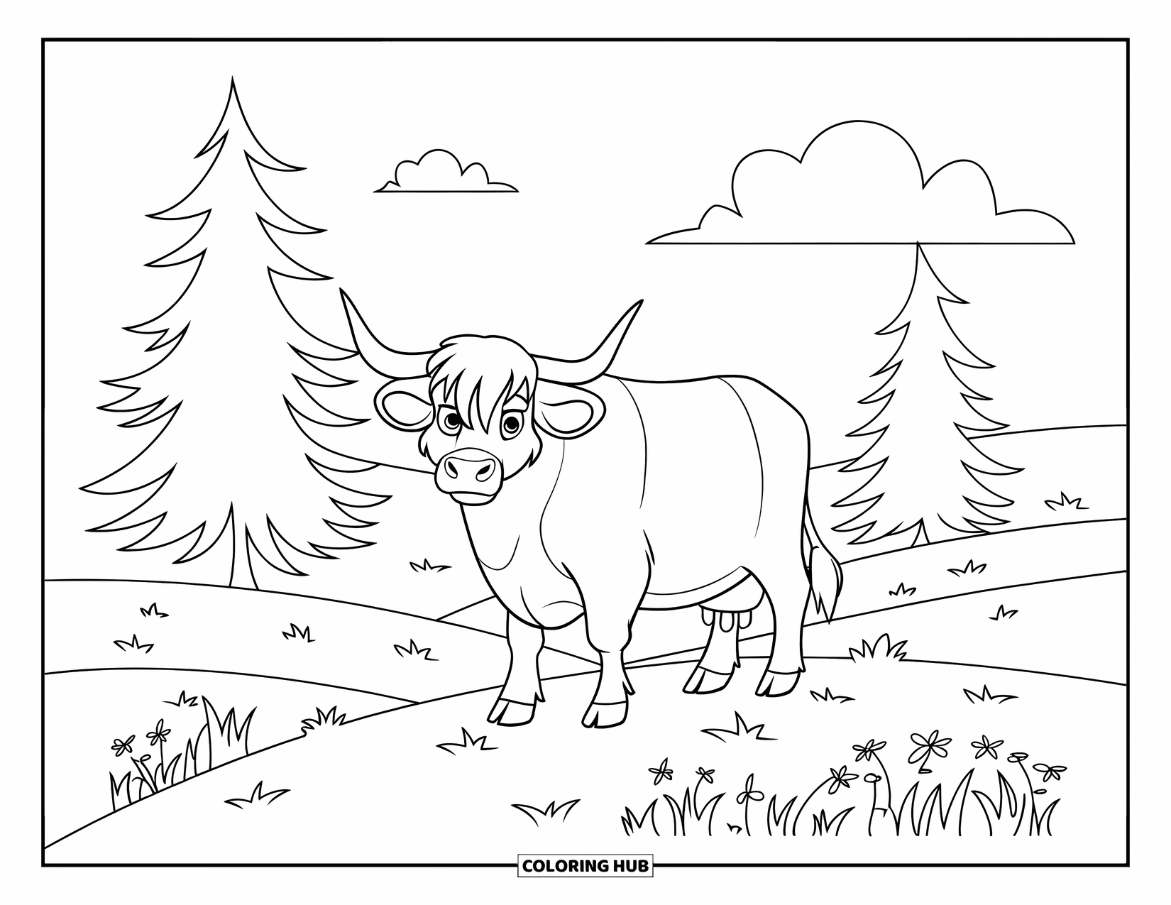 Highland Cow Coloring Page for Kids: A highland cow stands on a hill surrounded by pine trees and soft meadow grass
