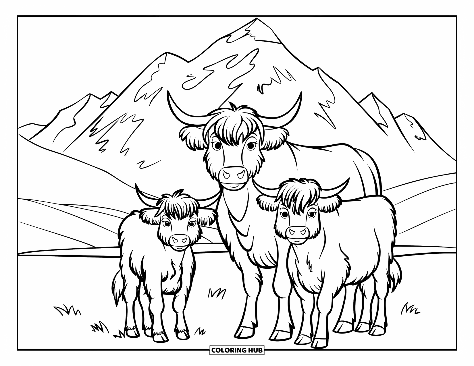 Highland Cow Coloring Page for Kids: A mother and baby cow stand on grass with mountains rising in the background
