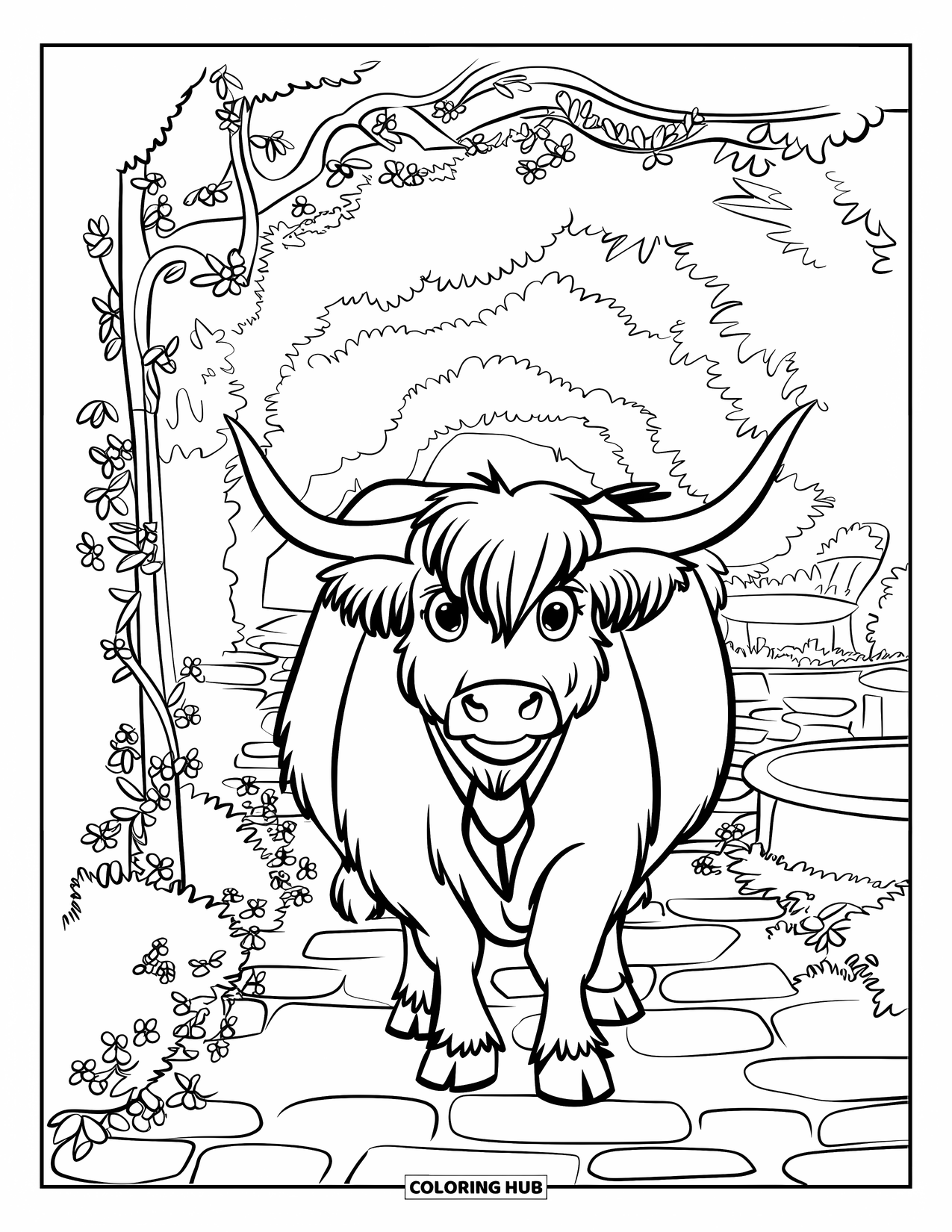 Highland Cow Coloring Page for Kids: A patchy cow with a red collar walks through a garden along a cobblestone path