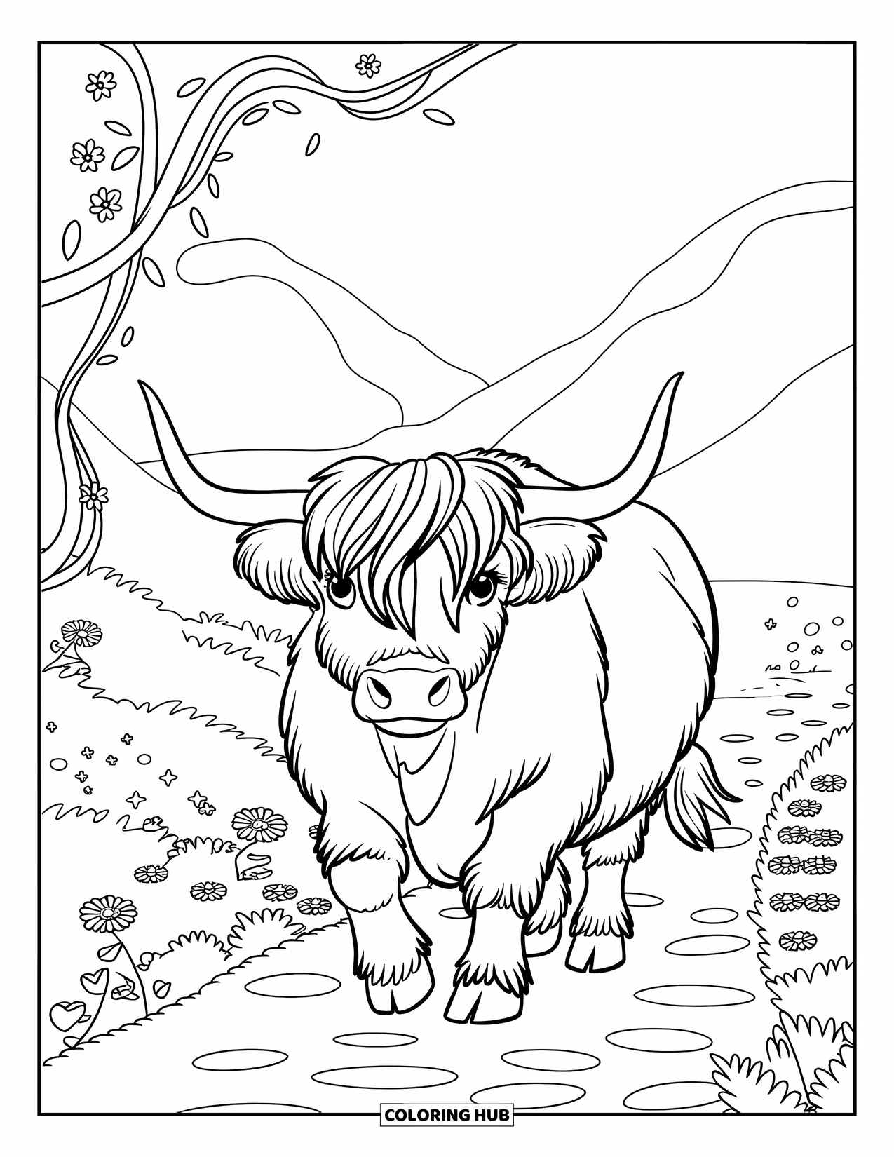 Highland Cow Coloring Page for Kids: A patterned cow walks a vine-lined path with mountains and blue skies behind