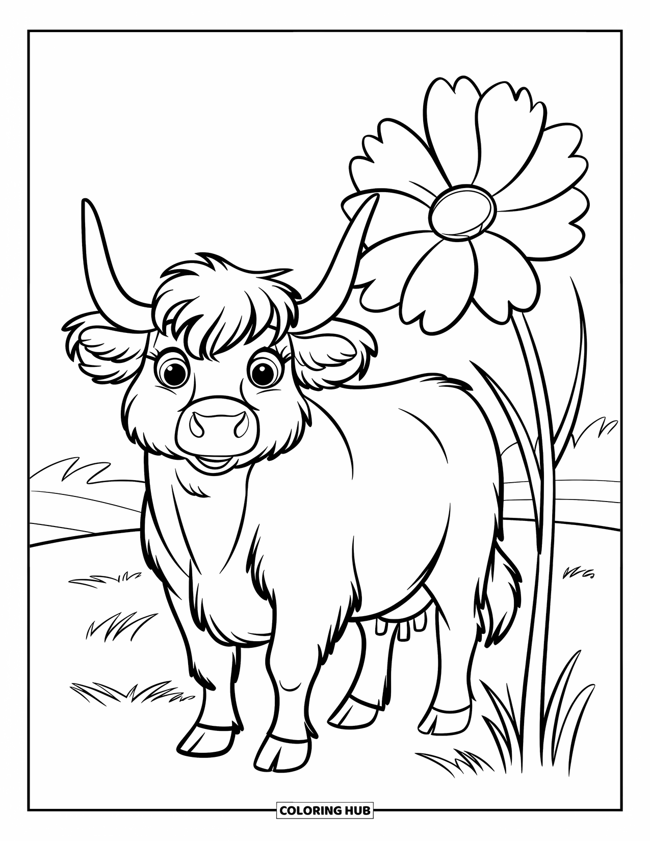 Highland Cow Coloring Page for Kids: A smiling cow stands near a big flower in a green field with playful vibes