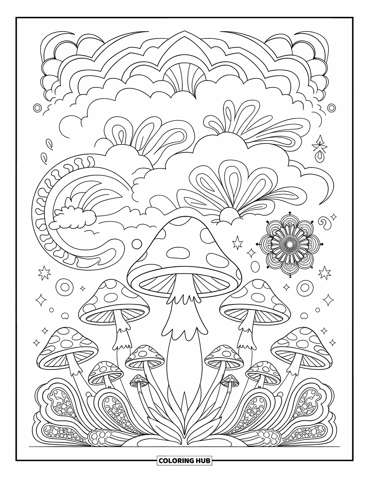 Hippie Mushroom Coloring Page for Adults: Blooming mandalas and hippie mushrooms fill a dreamy, peaceful page