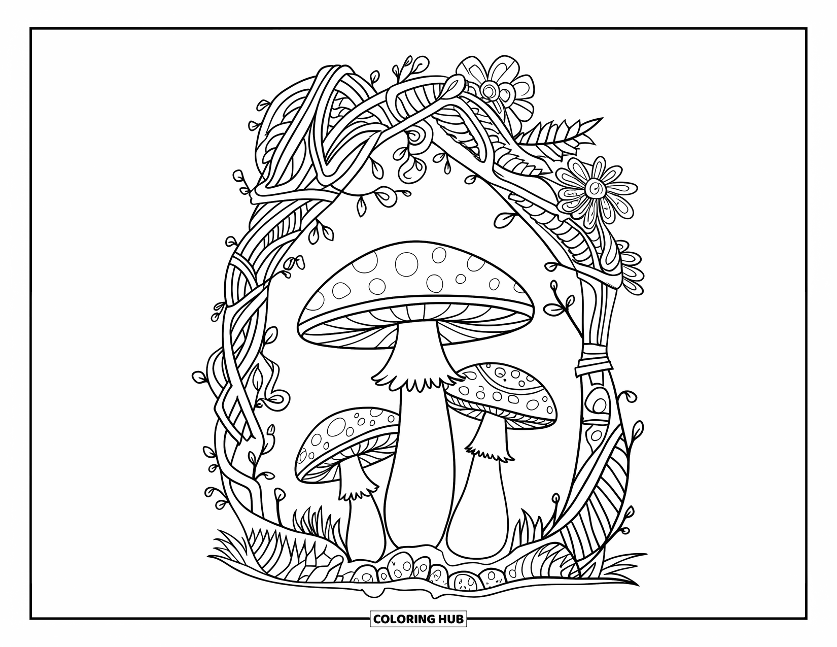 Hippie Mushroom Coloring Page for Adults: Cluster of hippie mushrooms with tangled vines and soft floral touches