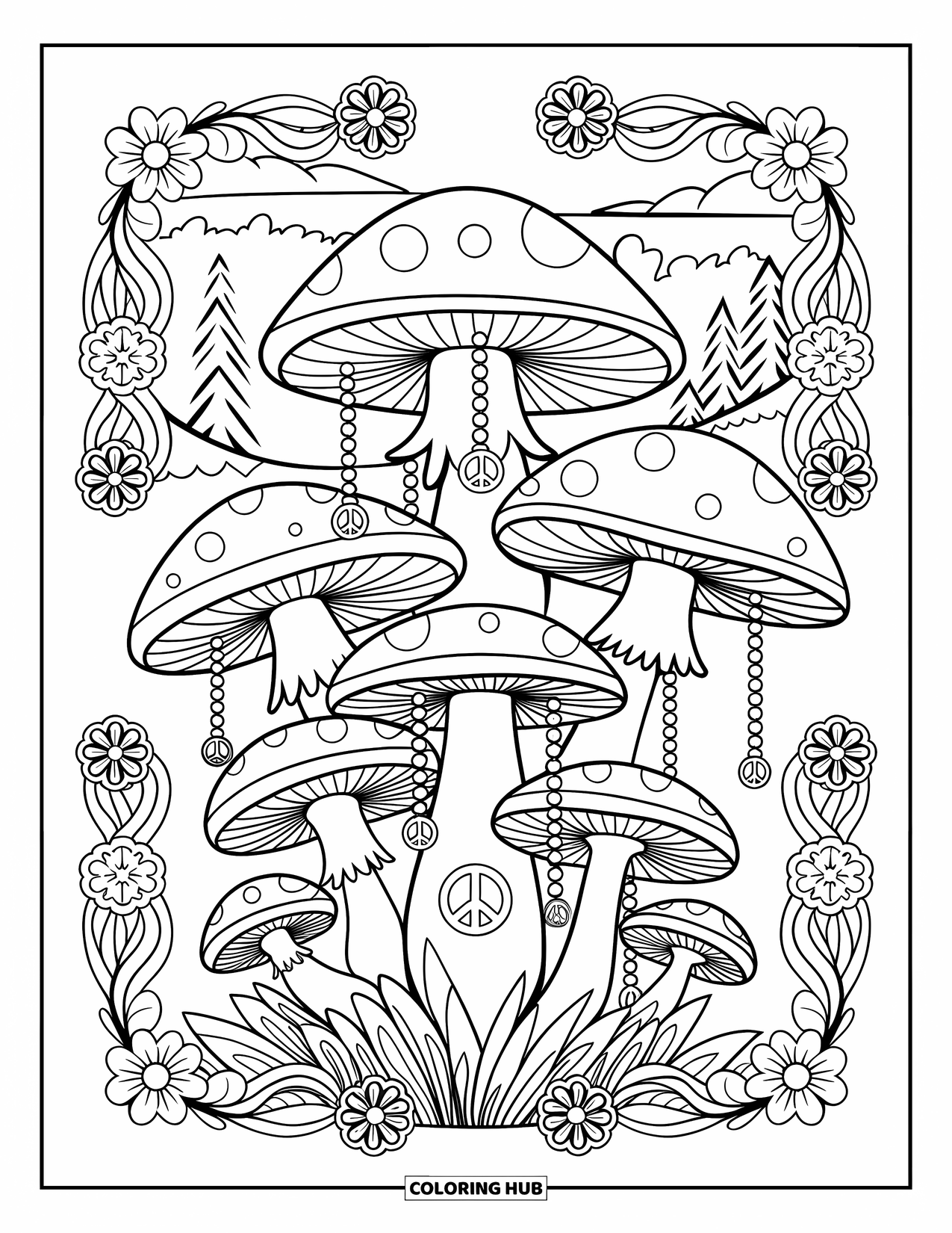 Hippie Mushroom Coloring Page for Adults: Cluster of mushrooms with peace signs, beads, and flower border