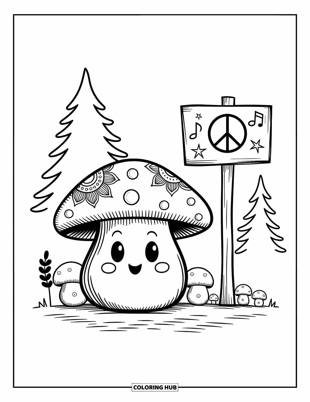Hippie Mushroom Coloring Page for Adults: Cozy mushroom bus stop with tiny mushrooms waiting and stars on the sign