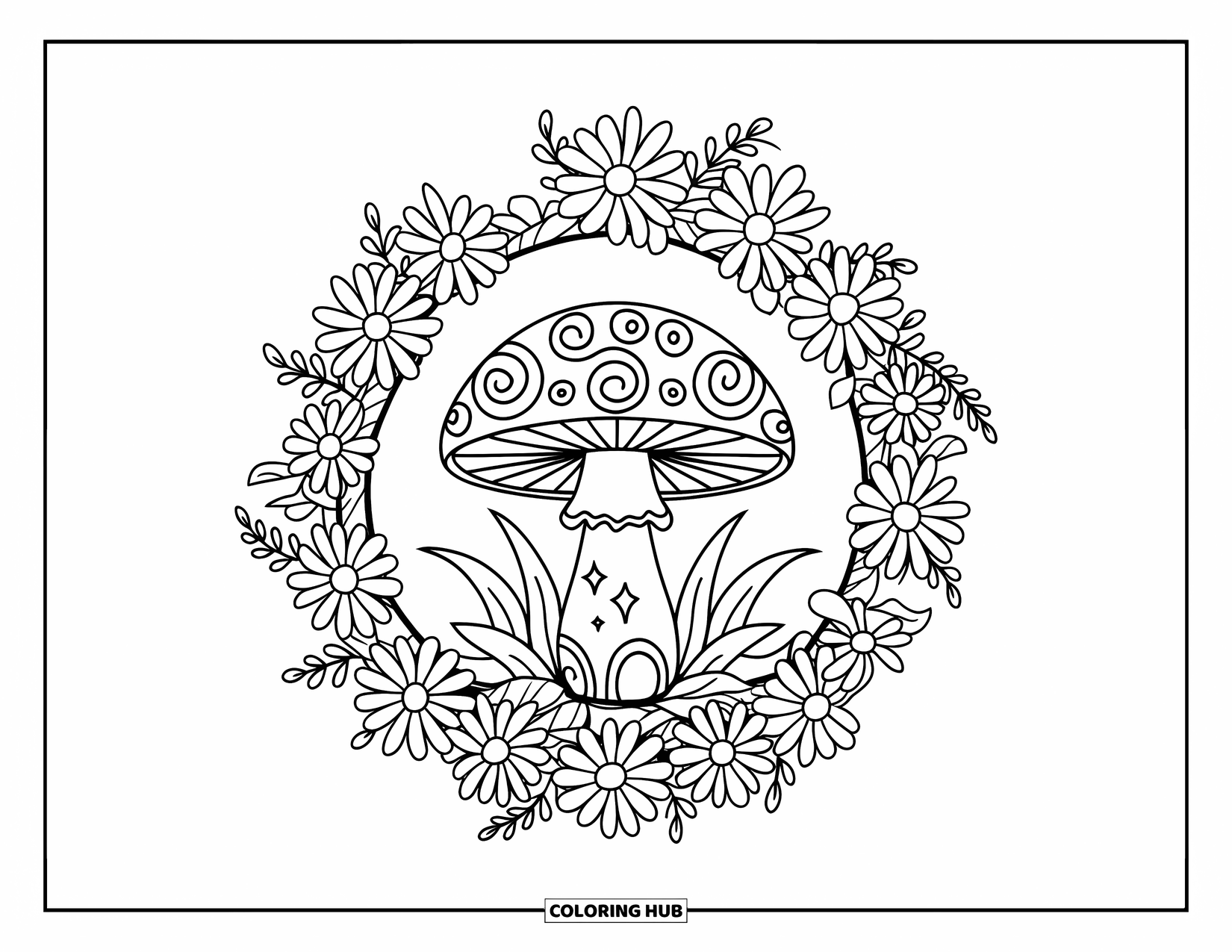 Hippie Mushroom Coloring Page for Adults: Decorated mushroom with starry patterns inside a daisy frame and leafy bed