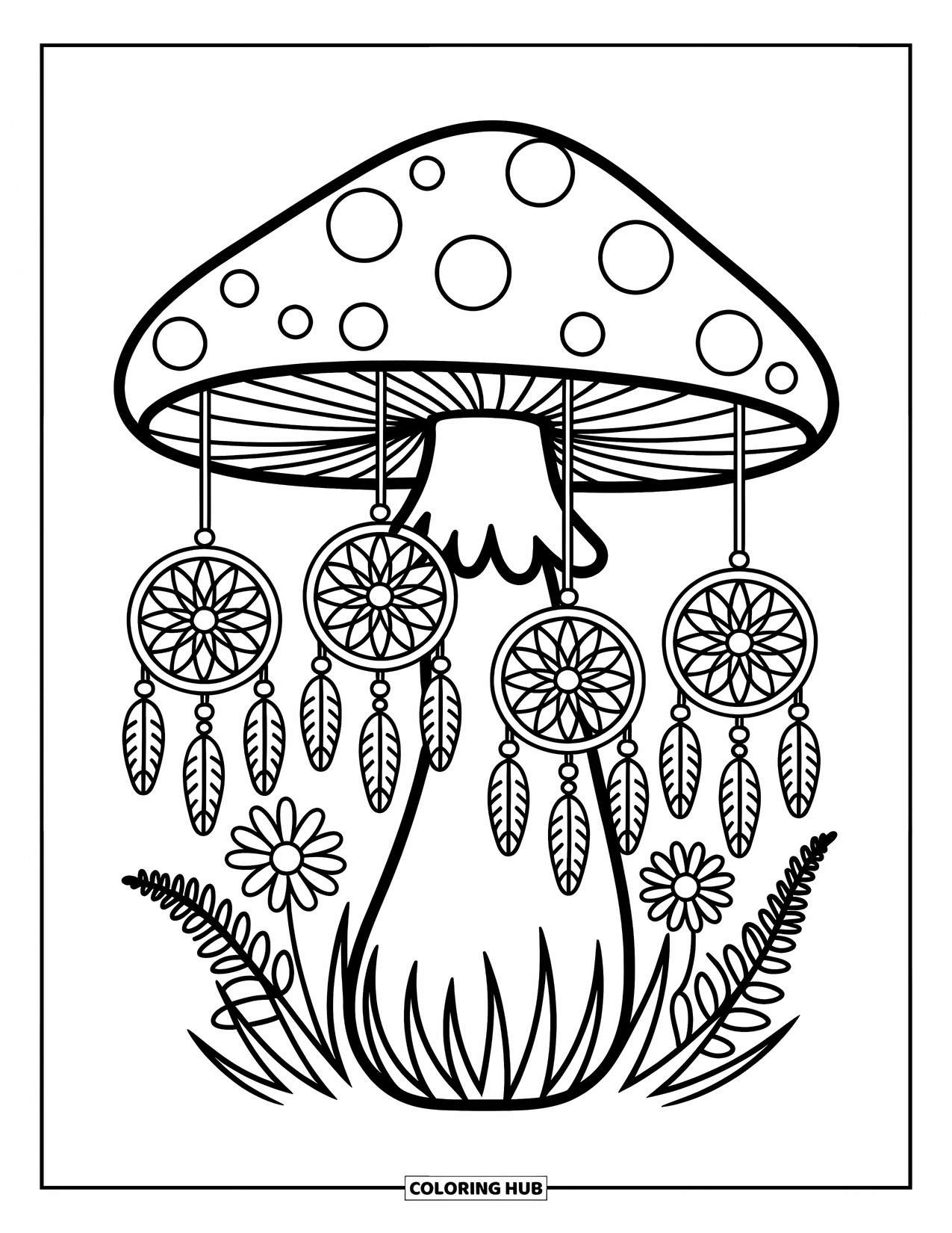 Hippie Mushroom Coloring Page for Adults: Dreamcatcher-adorned mushroom with ferns and daisies in a calm scene