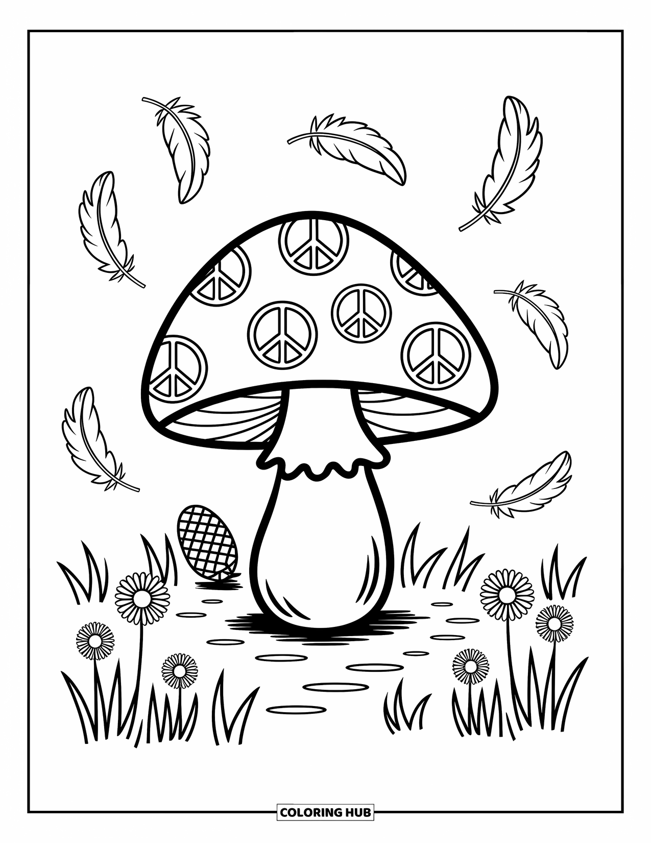 Hippie Mushroom Coloring Page for Adults: Forest mushroom surrounded by feathers, flowers, and peaceful spirals