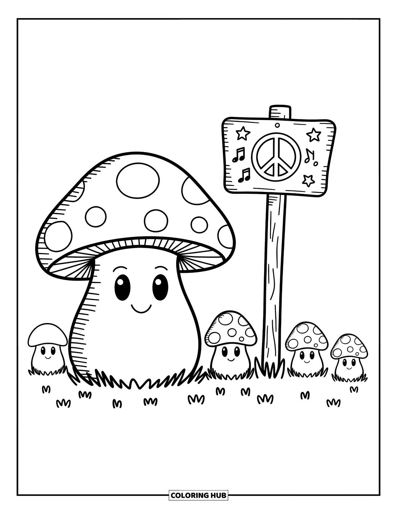 Hippie Mushroom Coloring Page for Adults: Groovy mushroom shelter with peace sign and mandala details in the forest