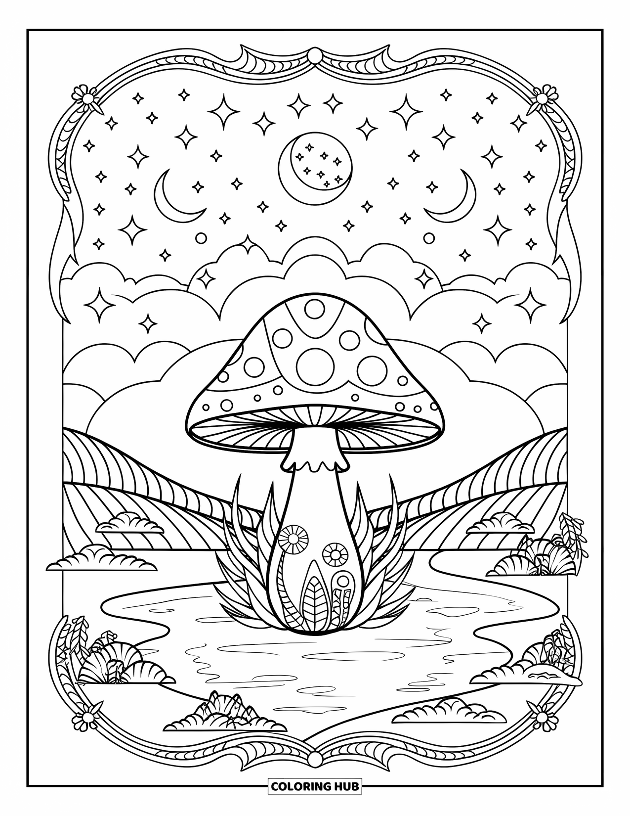 Hippie Mushroom Coloring Page for Adults: Hippie mushroom under moons and stars with rolling hills and a pond