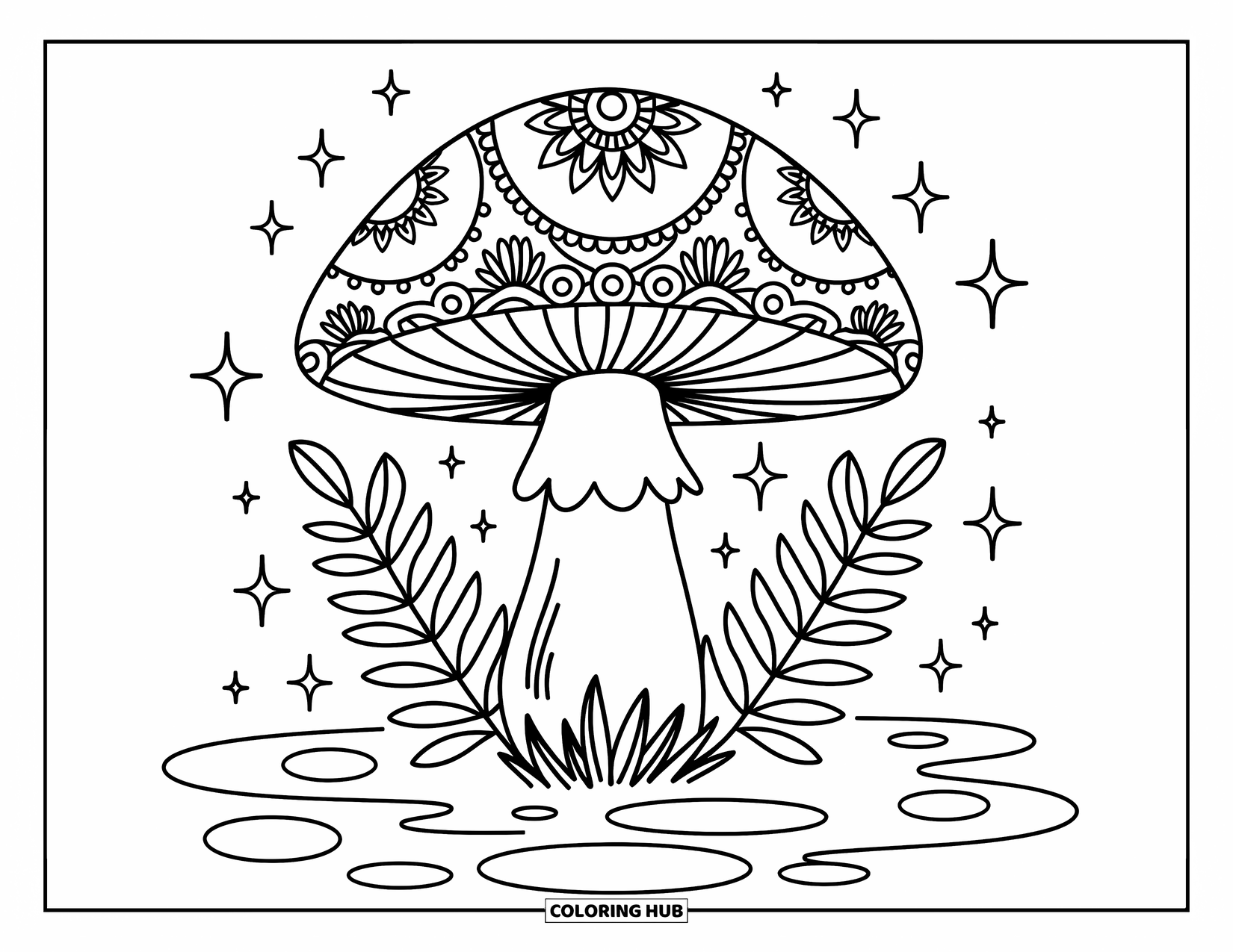 Hippie Mushroom Coloring Page for Adults: Magical mushroom with mandala art and fern leaves under a starry sky