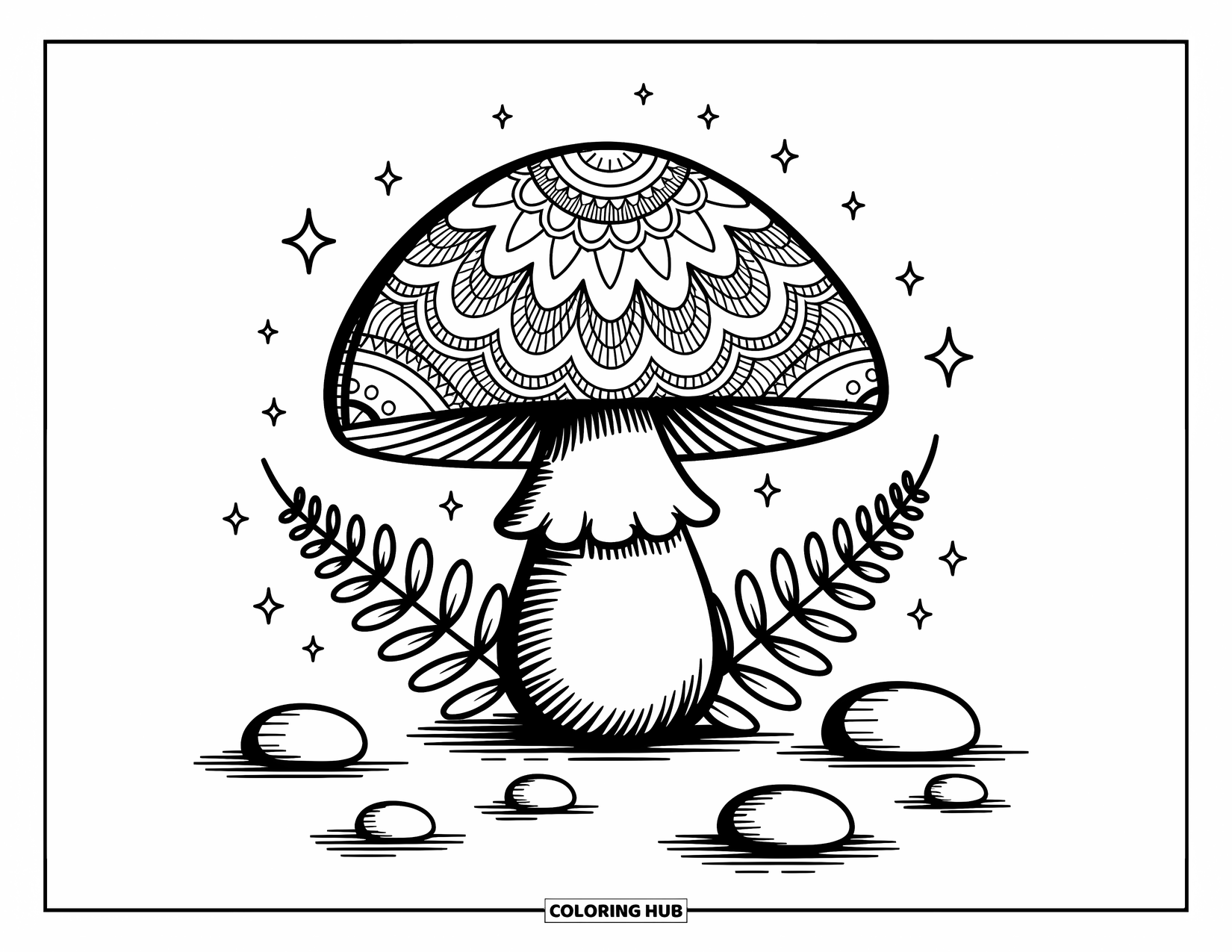 Hippie Mushroom Coloring Page for Adults: Mandala-capped mushroom with ferns and pebbles under twinkling stars