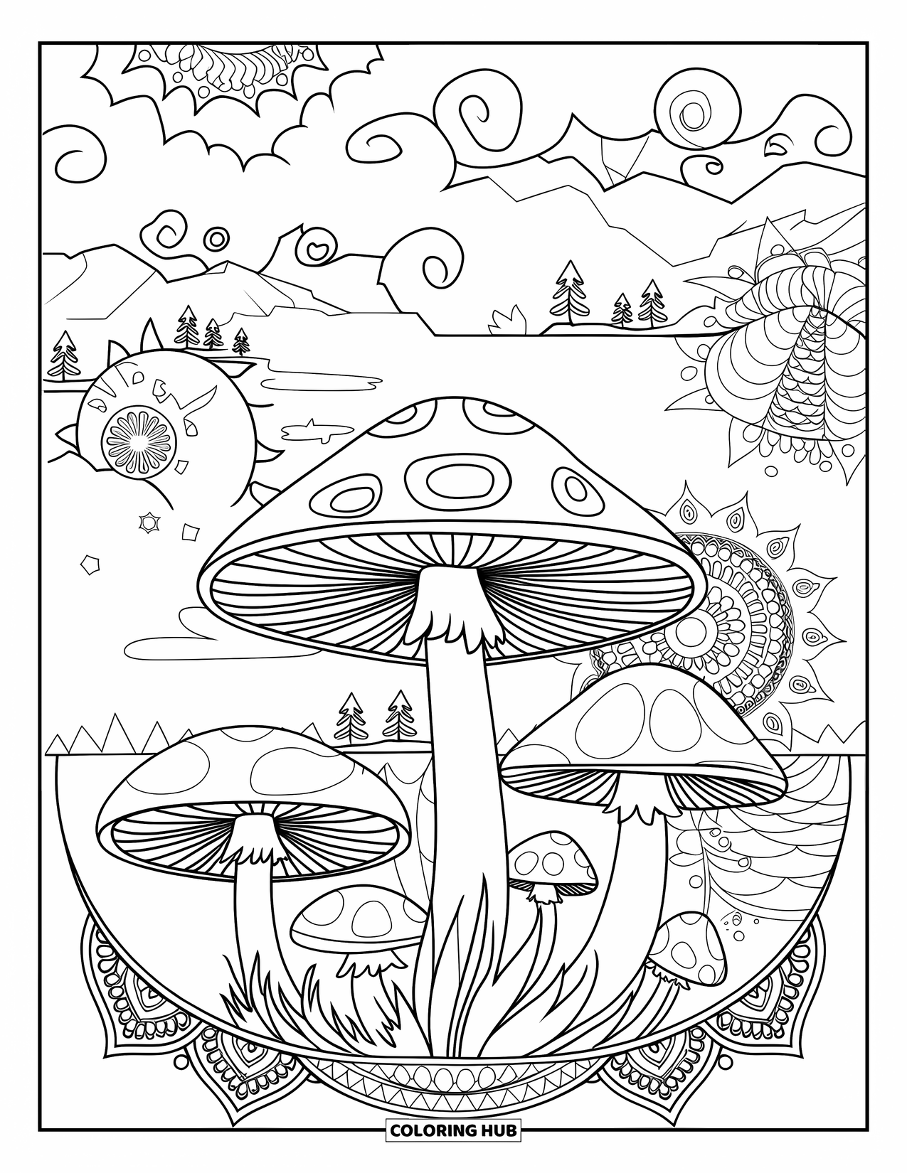 Hippie Mushroom Coloring Page for Adults: Mushroom field under swirls, mandalas, and peaceful mountain scenery