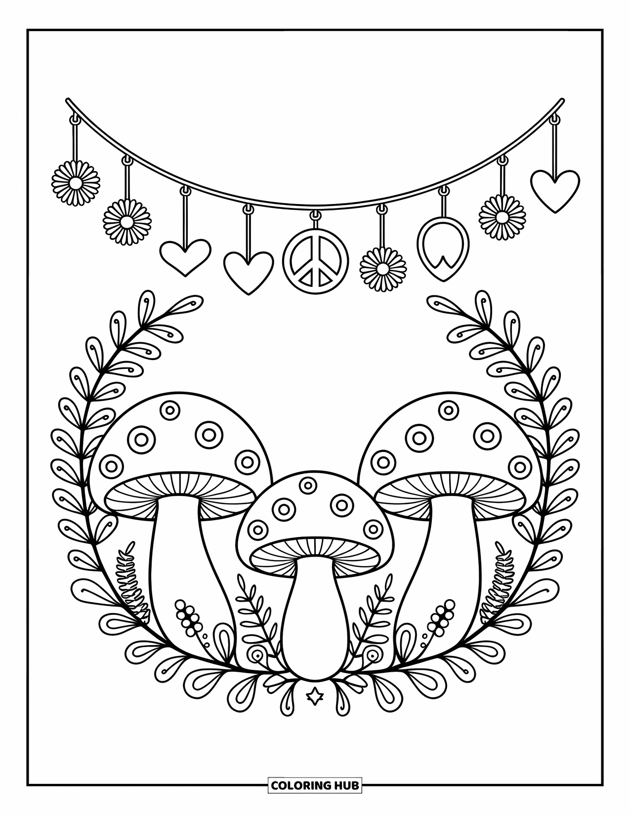 Hippie Mushroom Coloring Page for Adults: Mushroom ring with flowers and a string of peace signs and hearts