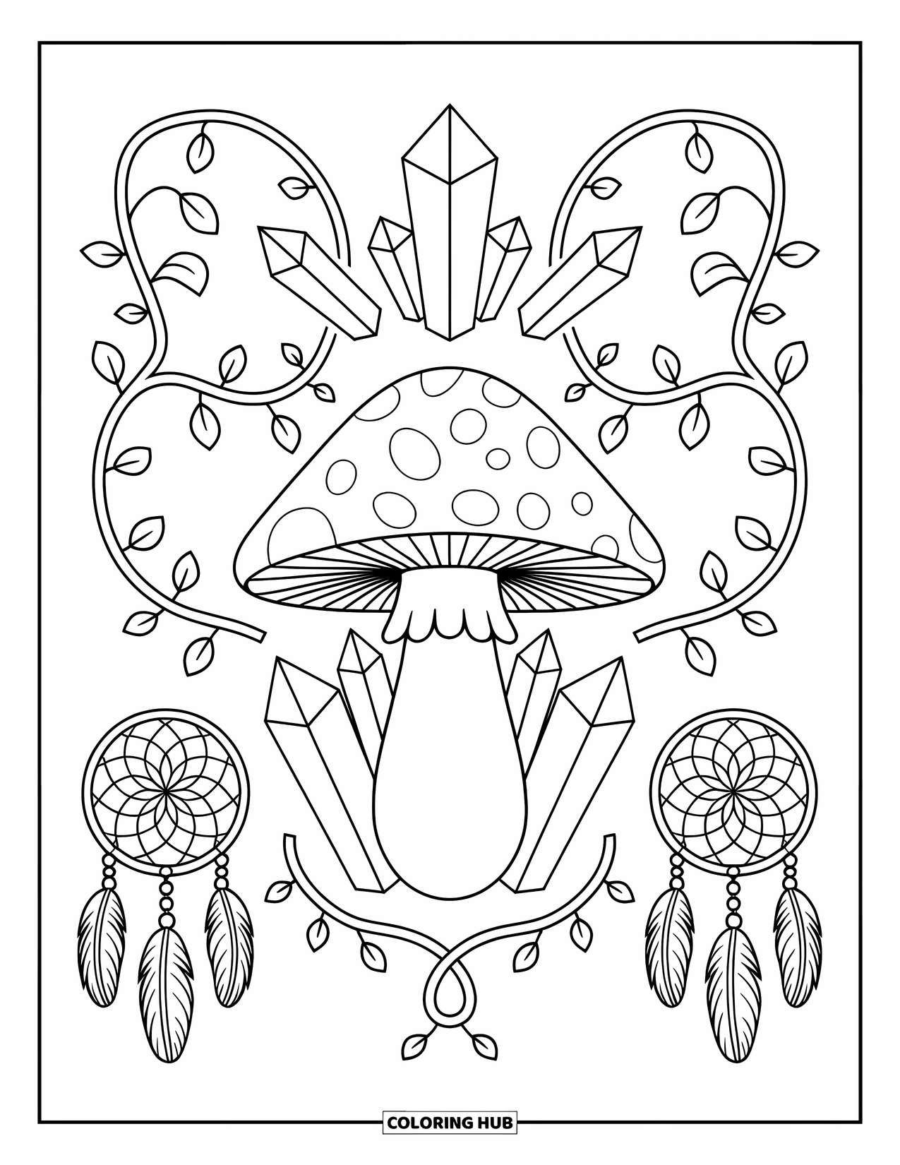 Hippie Mushroom Coloring Page for Adults: Mushroom with crystals and feathers in a peaceful, patterned layout