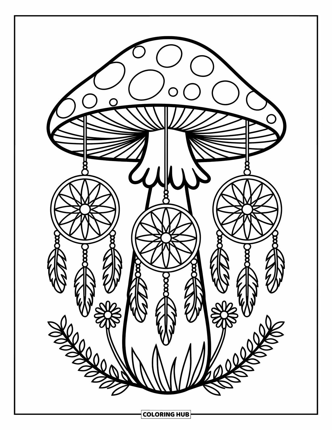 Hippie Mushroom Coloring Page for Adults: Mushroom with dangling dreamcatchers and floral details in a tranquil grove
