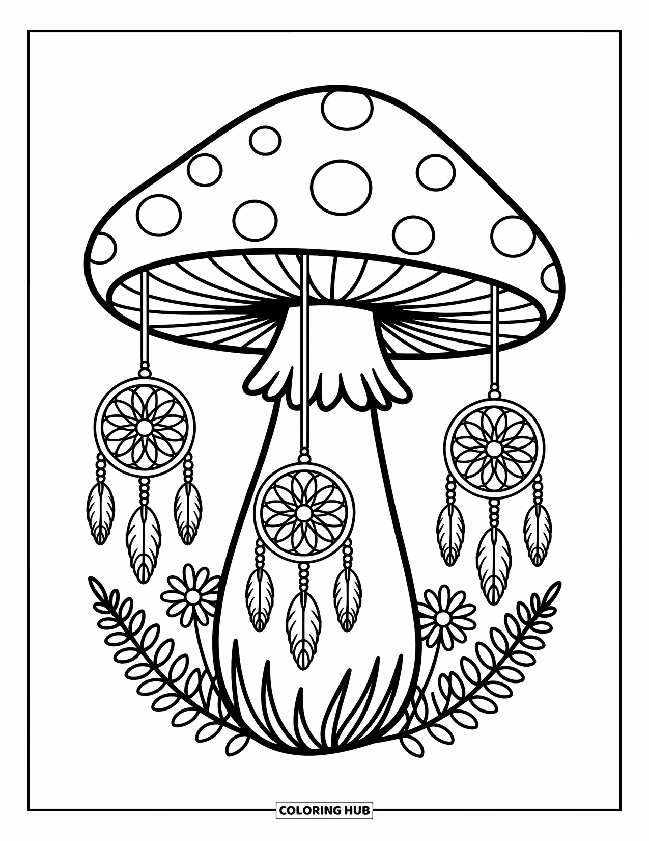 Hippie Mushroom Coloring Page for Adults: Mushroom with hanging dreamcatchers and flowers in a peaceful forest