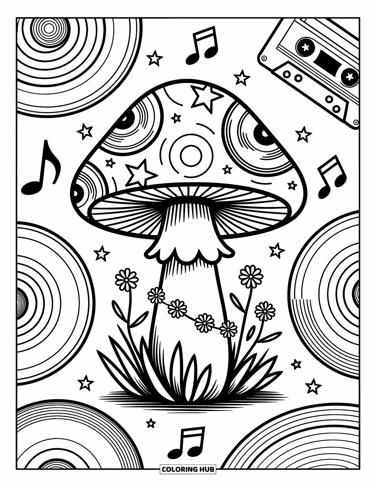 Hippie Mushroom Coloring Page for Adults: Mushroom with record grooves and cassette tapes in a musical garden