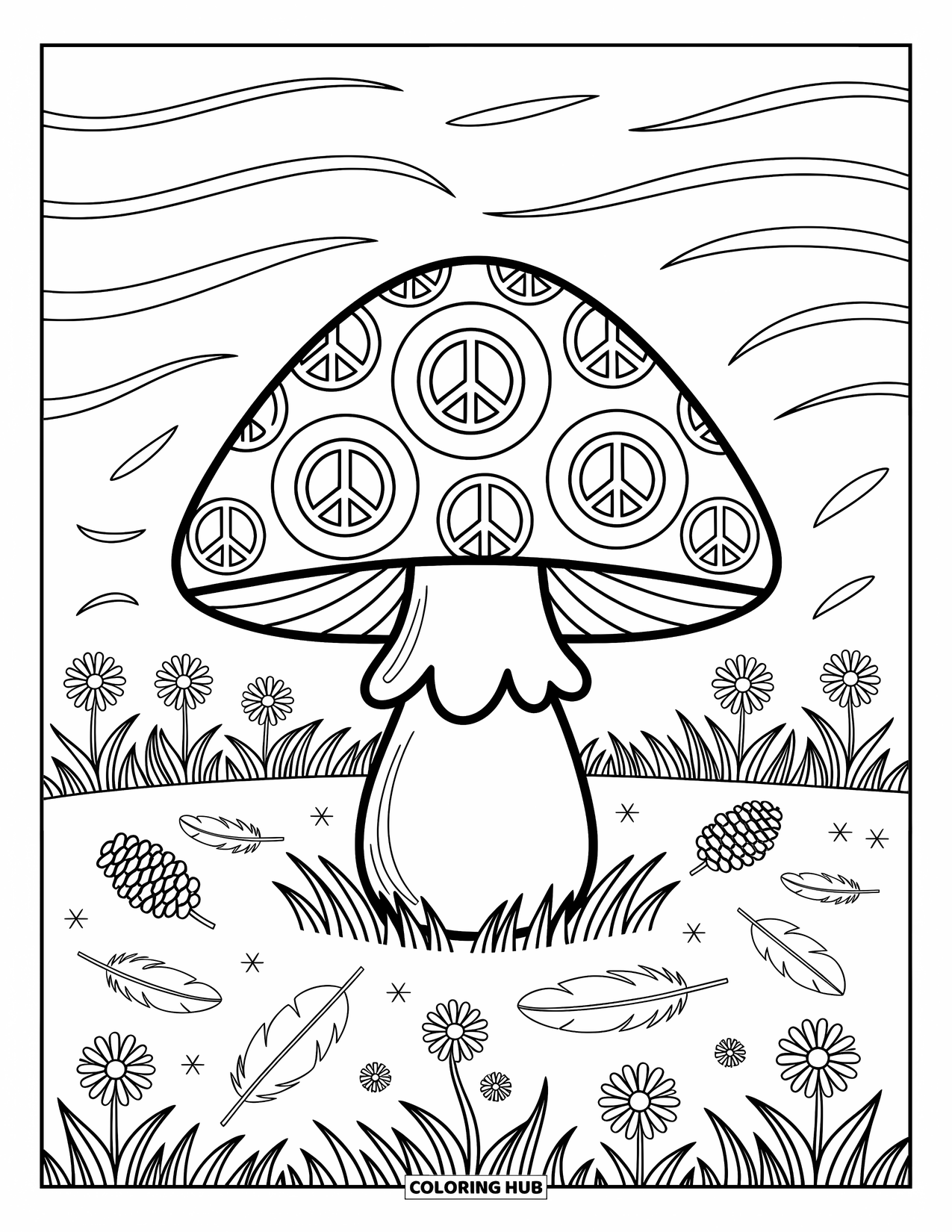 Hippie Mushroom Coloring Page for Adults: Mushroom with wild daisies, pinecones, and swirling wind patterns