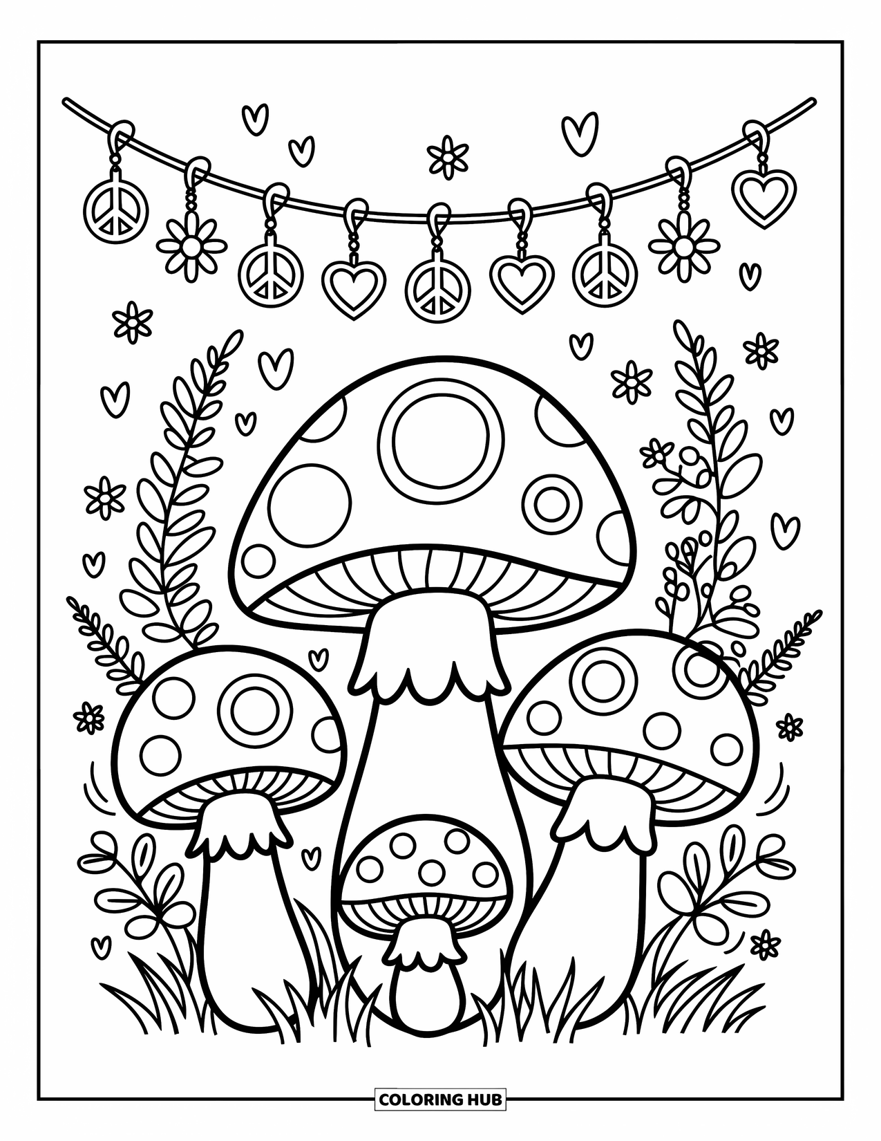 Hippie Mushroom Coloring Page for Adults: Mushrooms in a wreath of flowers with hanging peace signs and hearts