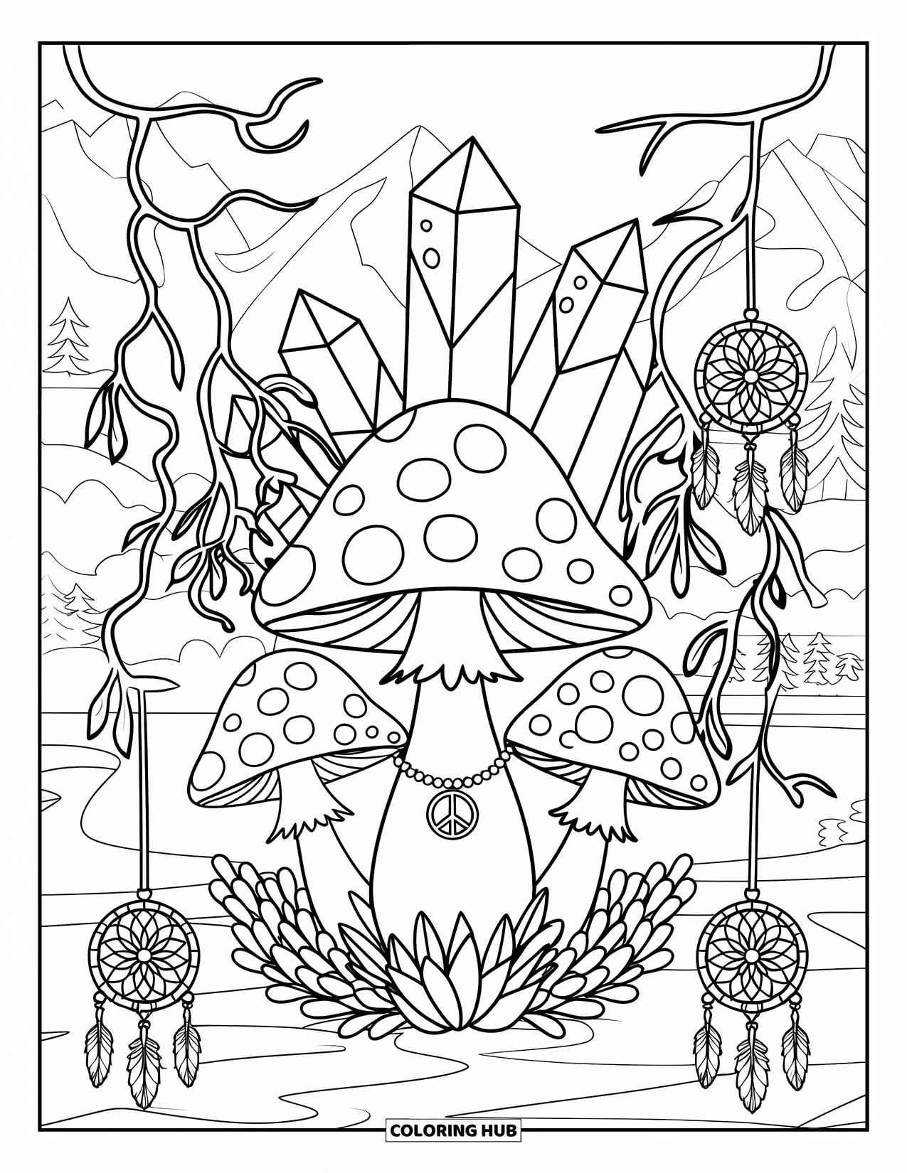 Hippie Mushroom Coloring Page for Adults: Smiling mushroom wearing a peace necklace among crystals and vines