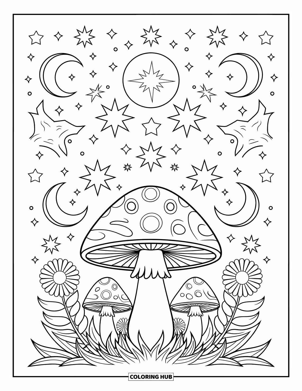 Hippie Mushroom Coloring Page for Adults: Starry sky scene with a decorated mushroom and peaceful flower accents