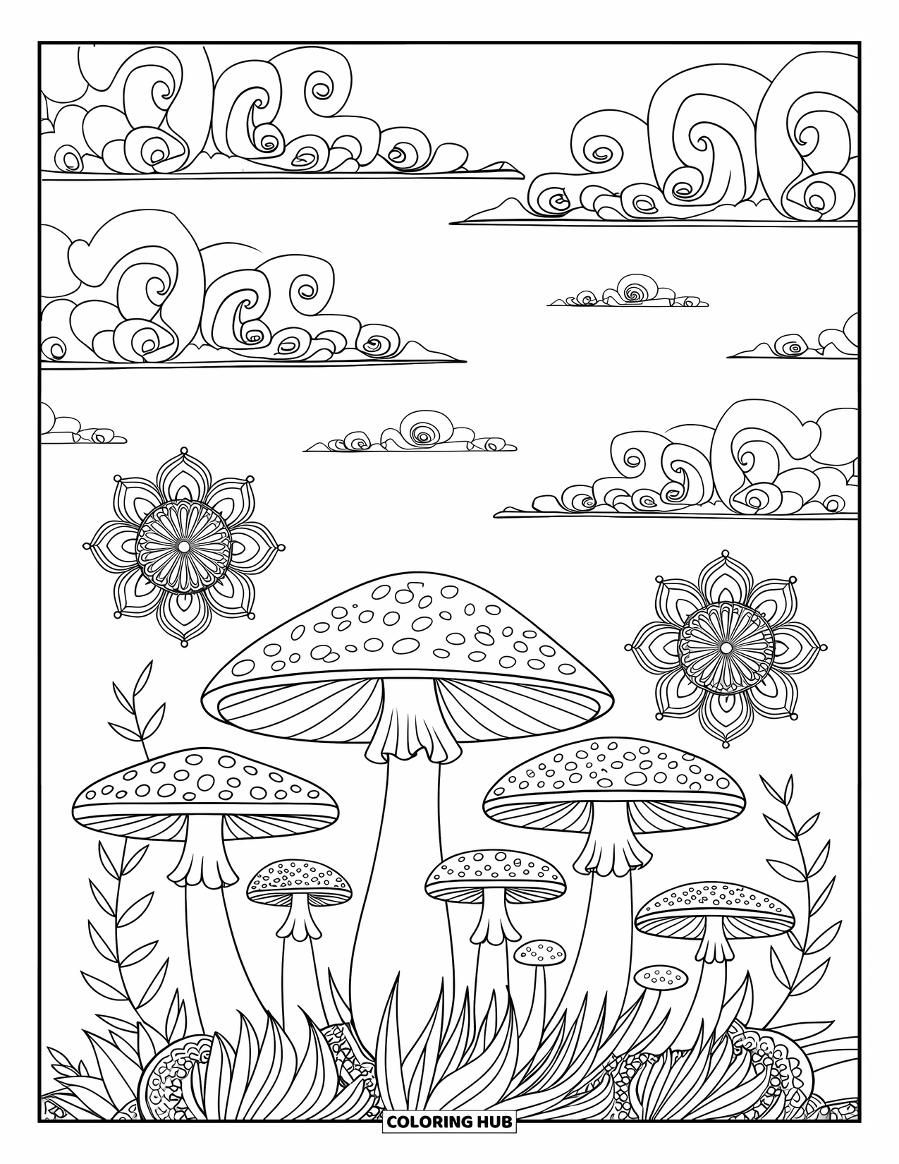 Hippie Mushroom Coloring Page for Adults: Swirling clouds and mandalas float over a relaxing mushroom landscape