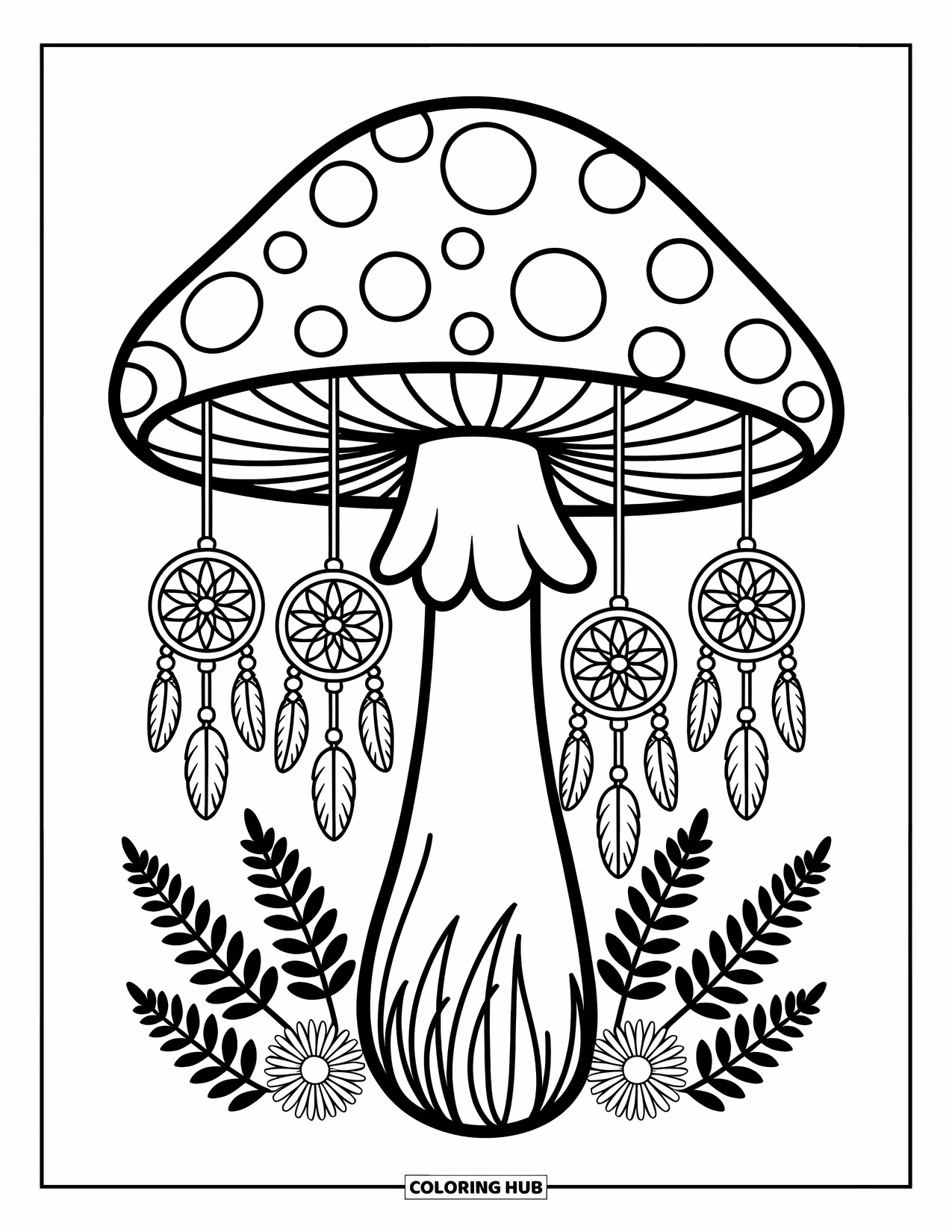 Hippie Mushroom Coloring Page for Adults: Whimsical mushroom with feathers and dreamcatchers surrounded by forest blooms