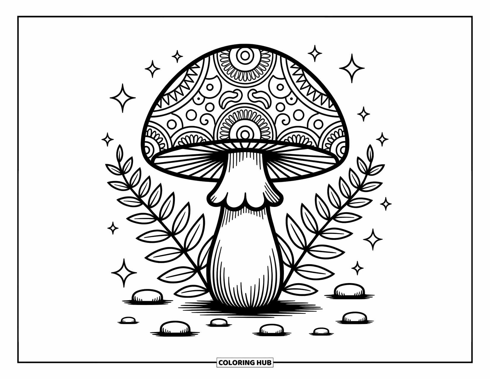 Hippie Mushroom Coloring Page for Adults: Whimsical mushroom with paisley and floral mandala surrounded by ferns and stars