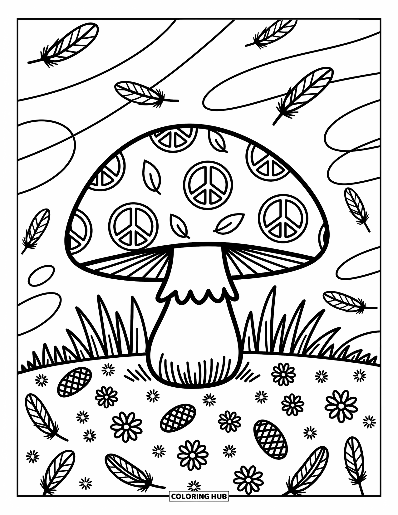 Hippie Mushroom Coloring Page for Adults: Whimsical mushroom with peace signs on a forest floor with feathers and wind
