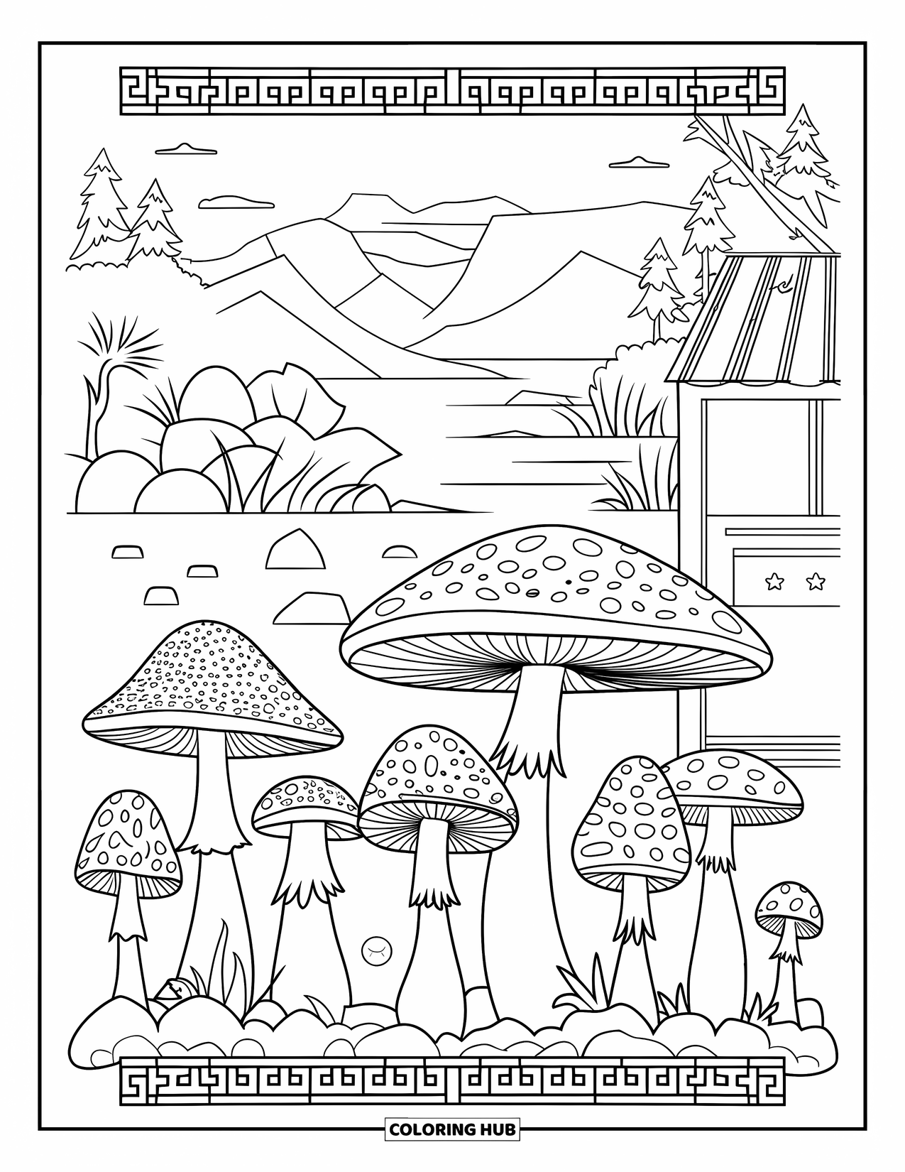 Hippie Mushroom Coloring Page for Adults: Zen mushroom garden with rocks, water, and leafy calm