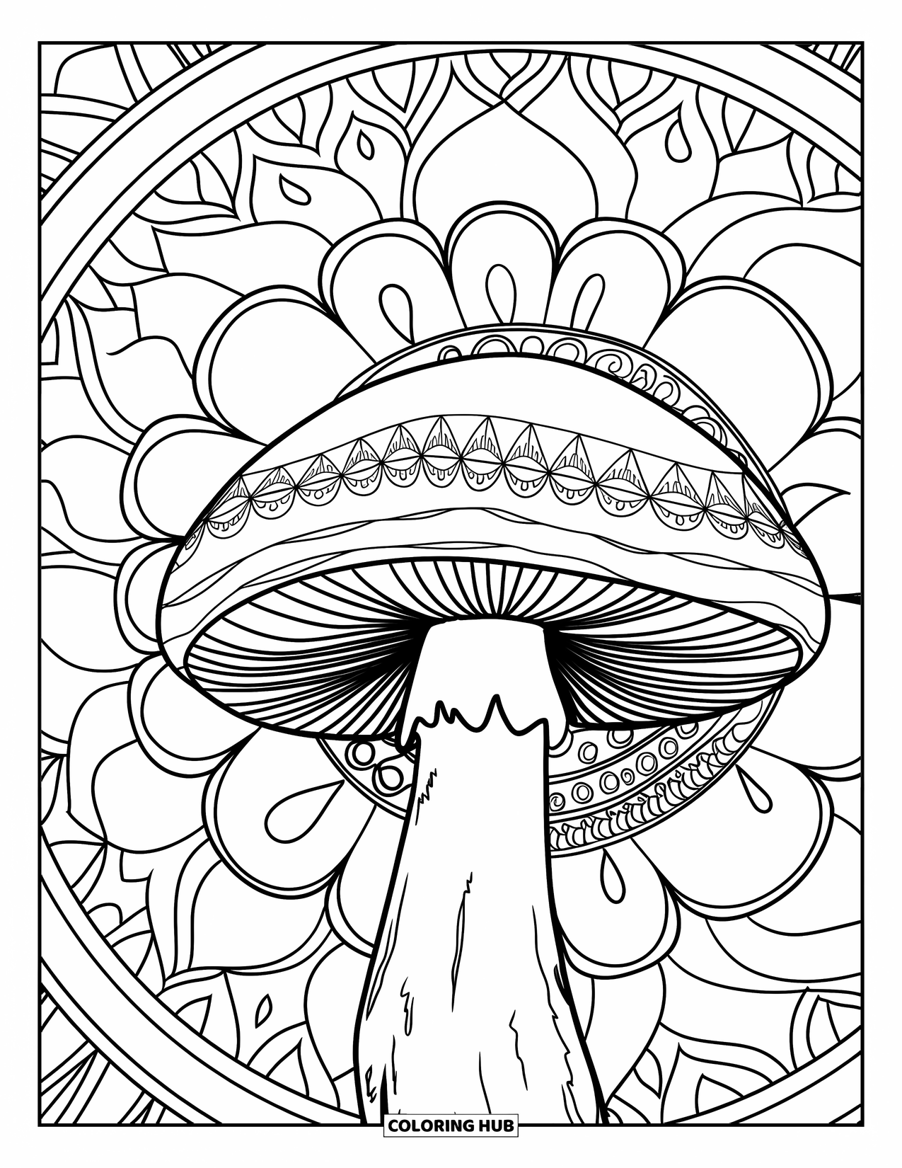 Hippie Mushroom Coloring Page for Kids: Close-up mushroom with mandala patterns behind it