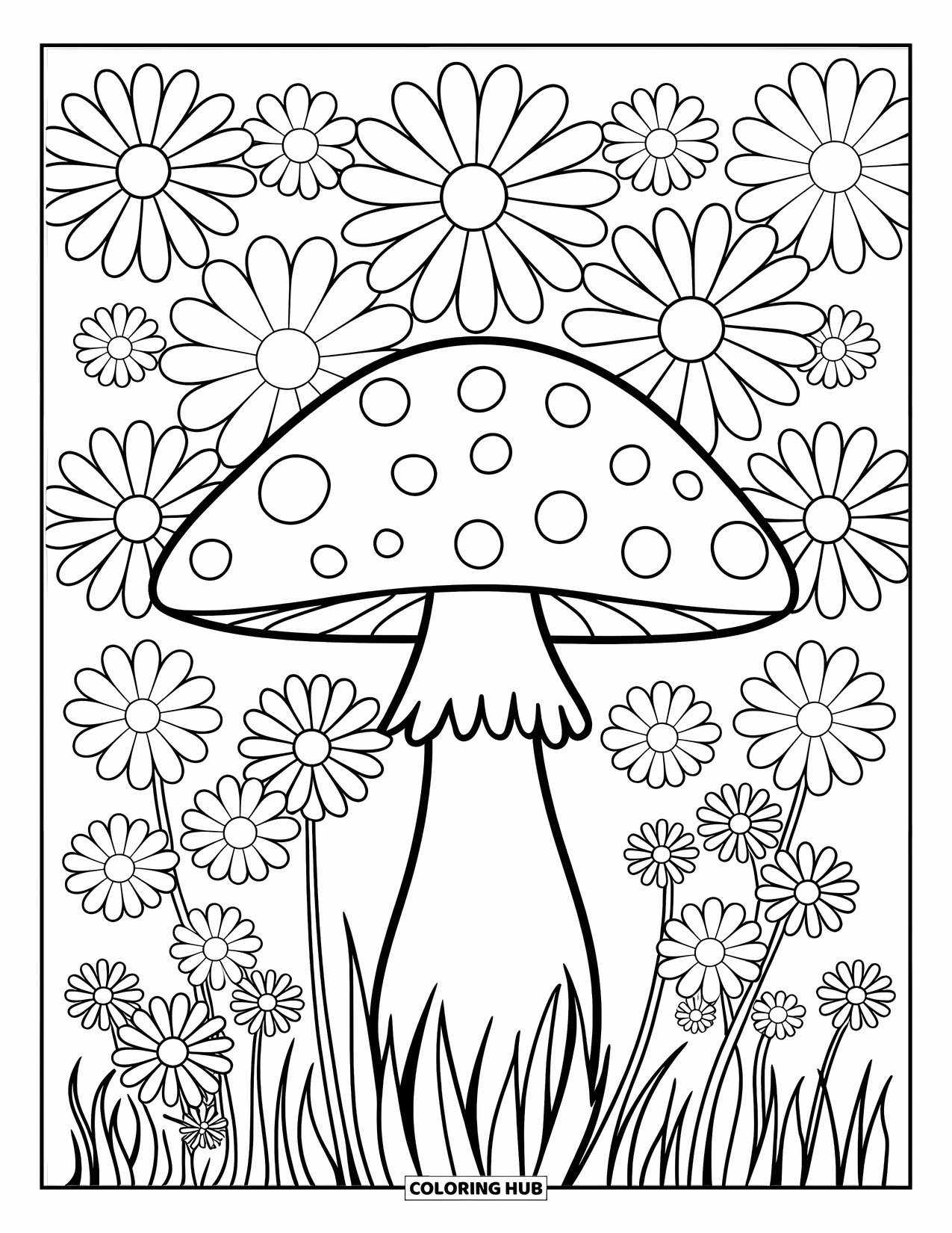 Hippie Mushroom Coloring Page for Kids: Daisy field with a big mushroom at the center