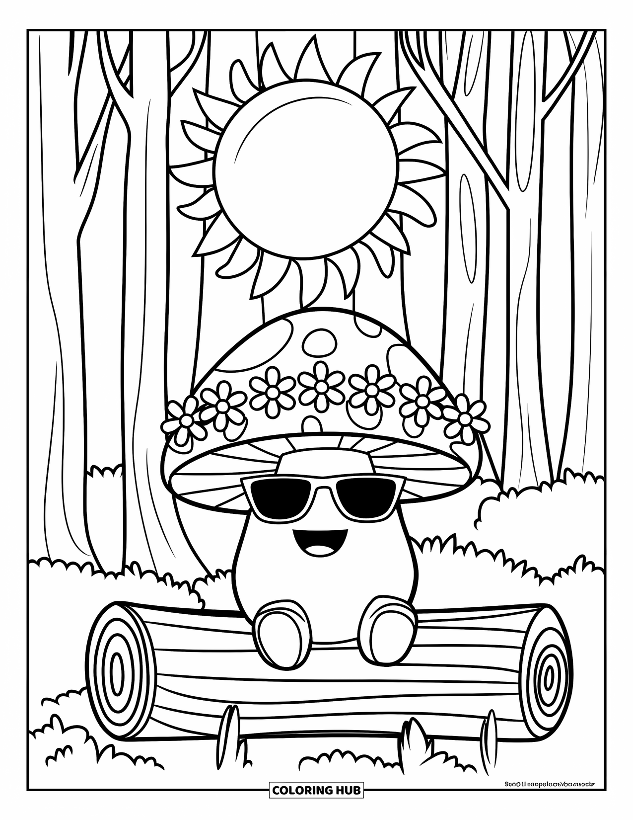 Hippie Mushroom Coloring Page for Kids: Flower-crowned mushroom with sunglasses sitting on a log