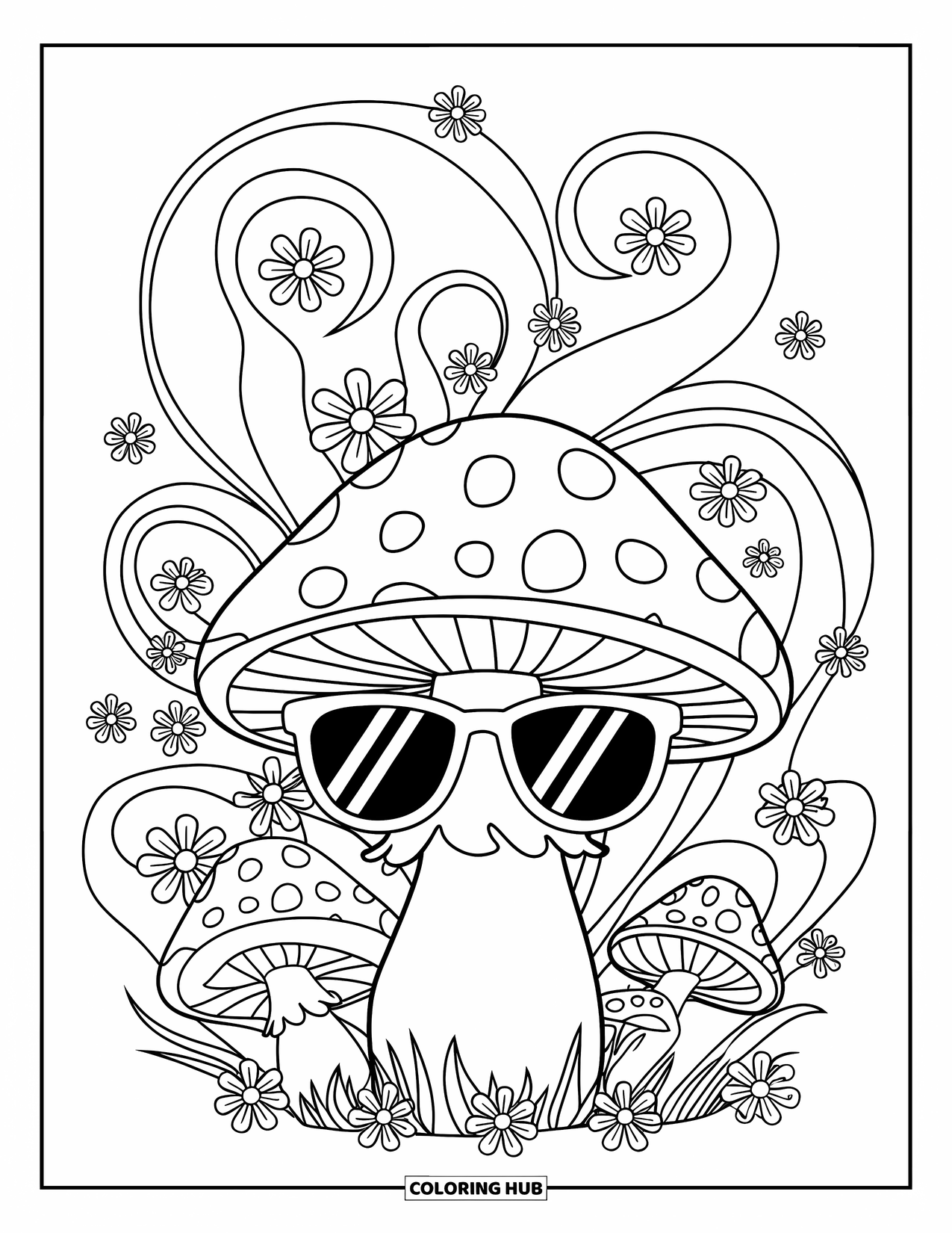 Hippie Mushroom Coloring Page for Kids: Funky mushroom with tiny mushrooms, swirls, and smiling flowers