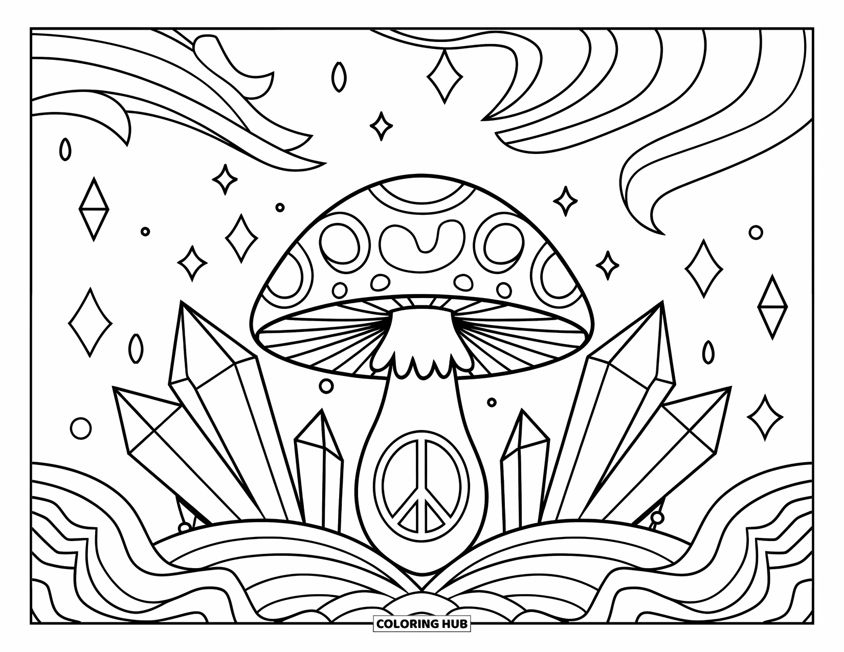 Hippie Mushroom Coloring Page for Kids: Groovy mushroom with peace sign, petals, crystals, and wind swirls