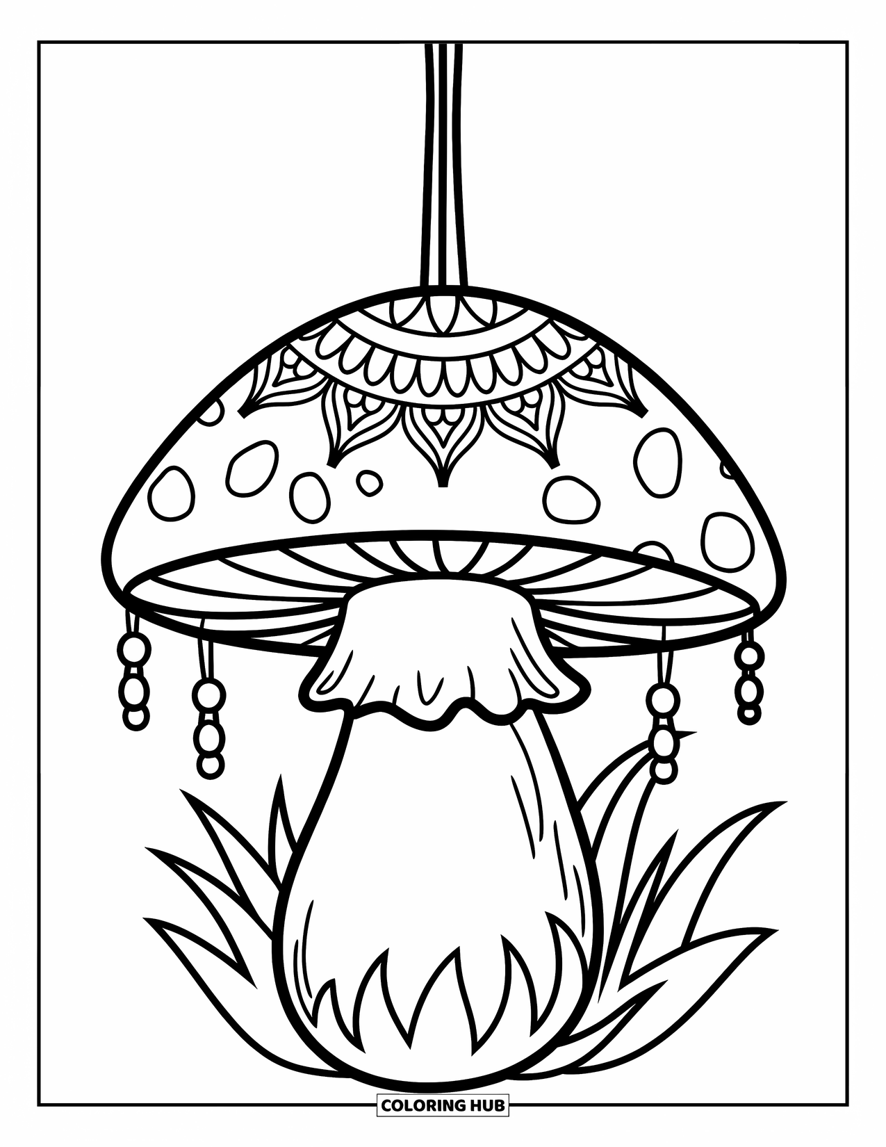 Hippie Mushroom Coloring Page for Kids: Hanging mushroom with mandala cap and beaded string