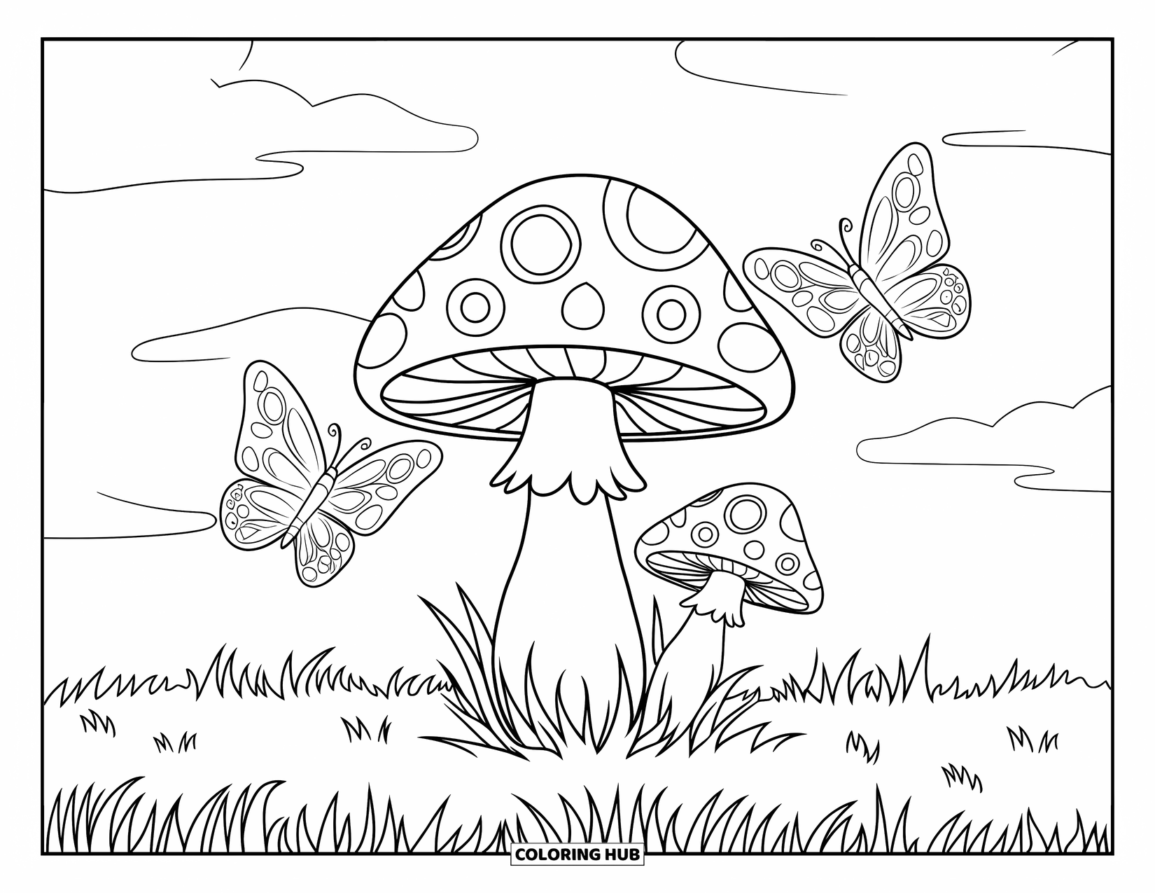 Hippie Mushroom Coloring Page for Kids: Happy mushroom in a field with butterflies and blue skies