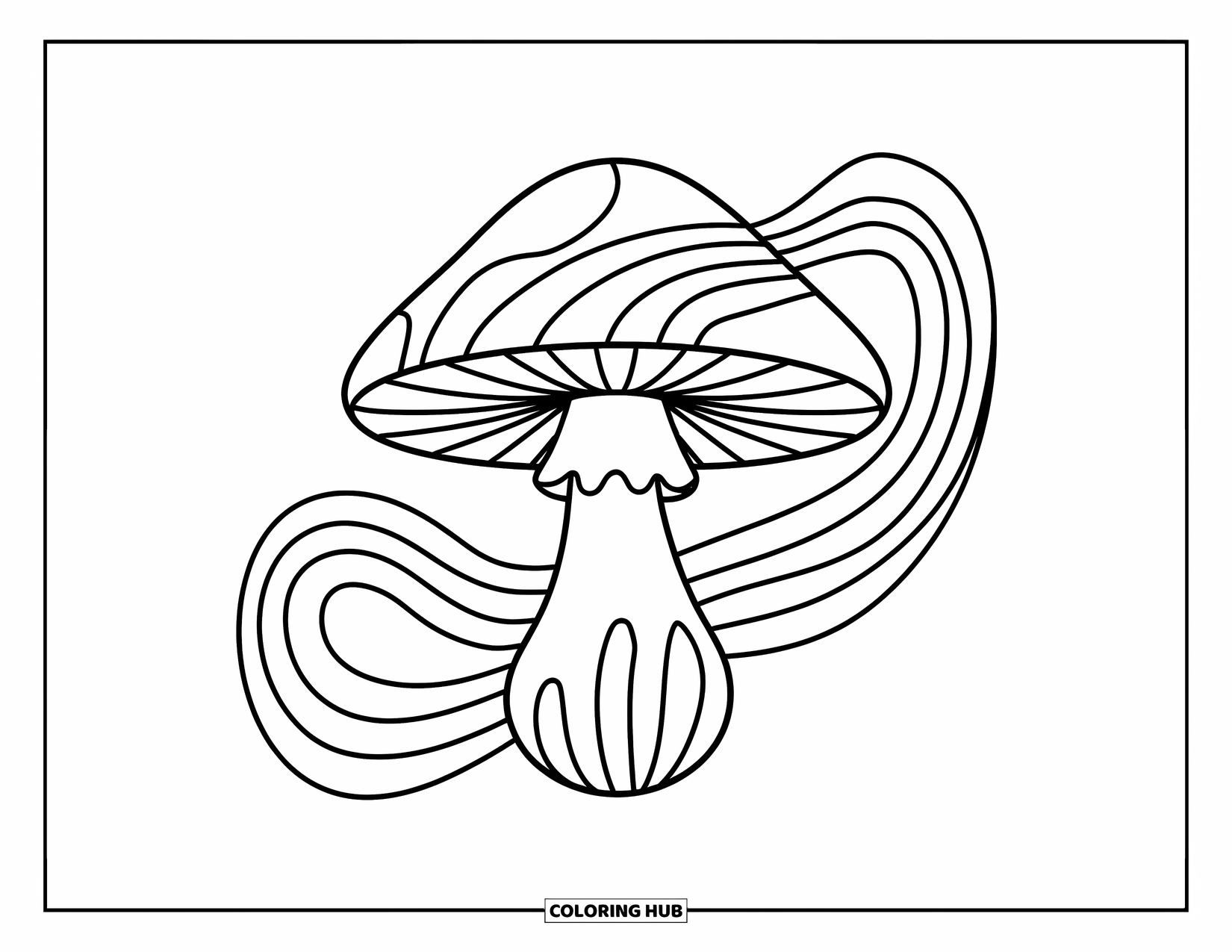 Hippie Mushroom Coloring Page for Kids: Hippie mushroom with rainbow trails and swirly accents
