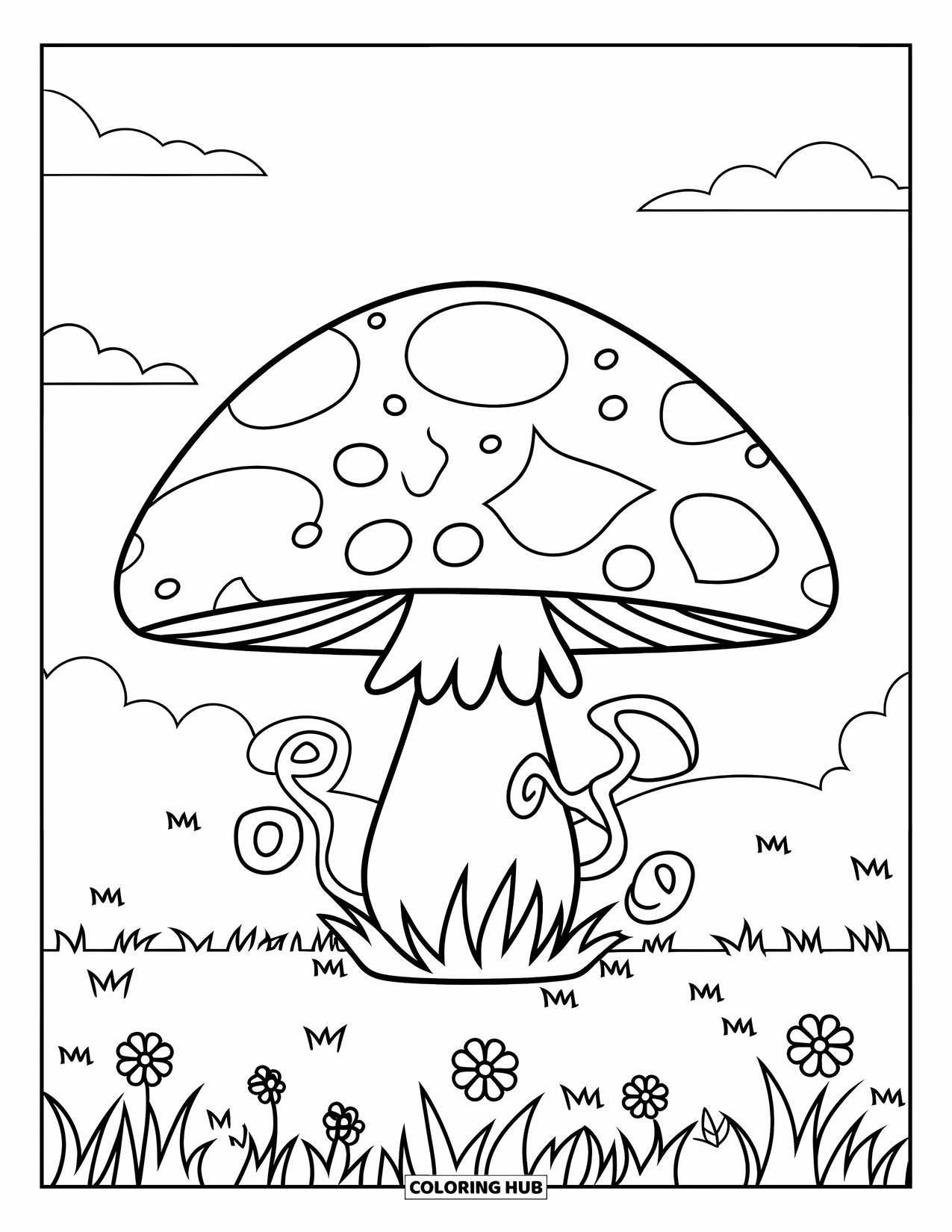 Hippie Mushroom Coloring Page for Kids: Hippie mushroom with stars and curly vines in a field of flowers