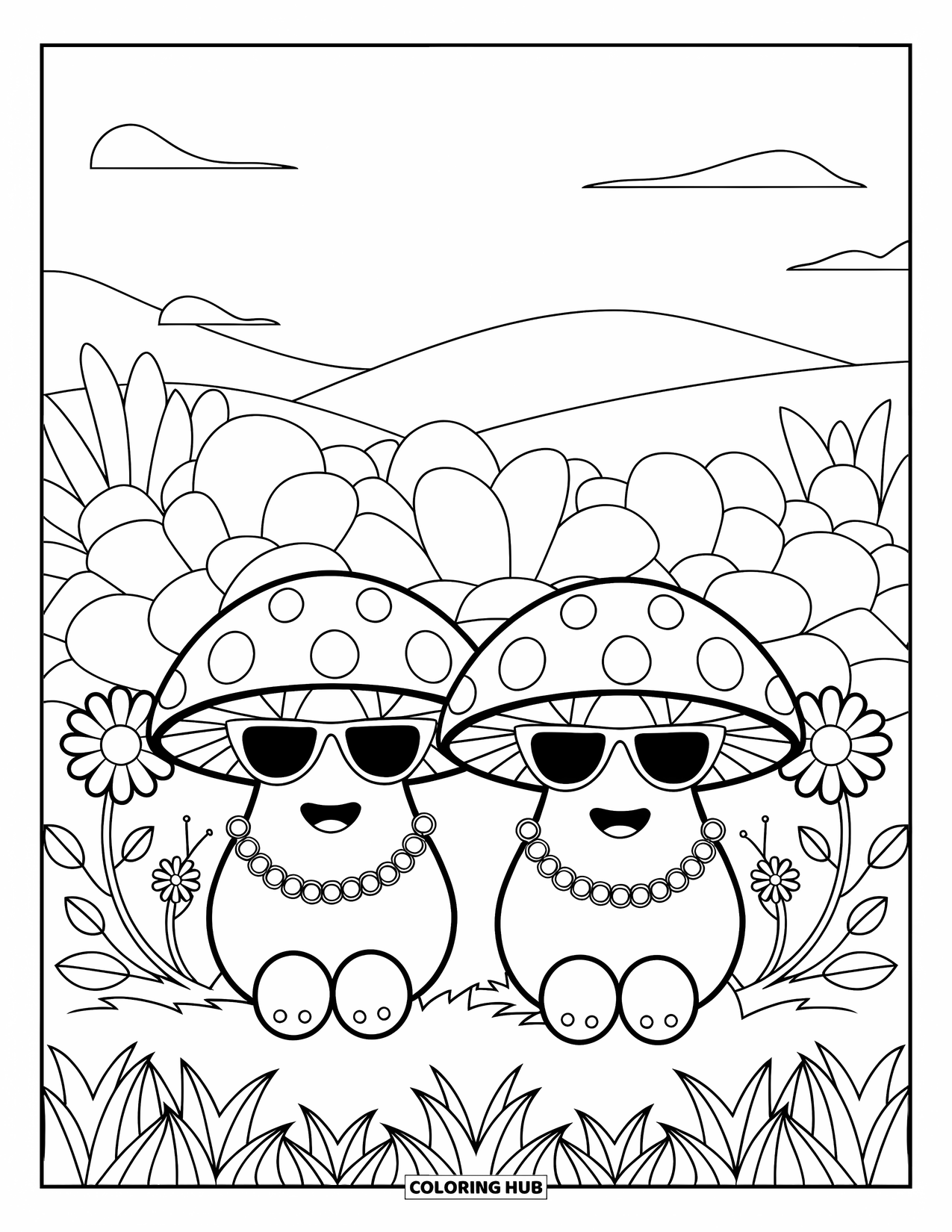 Hippie Mushroom Coloring Page for Kids: Hippie mushrooms with shades and beads surrounded by hills and flowers