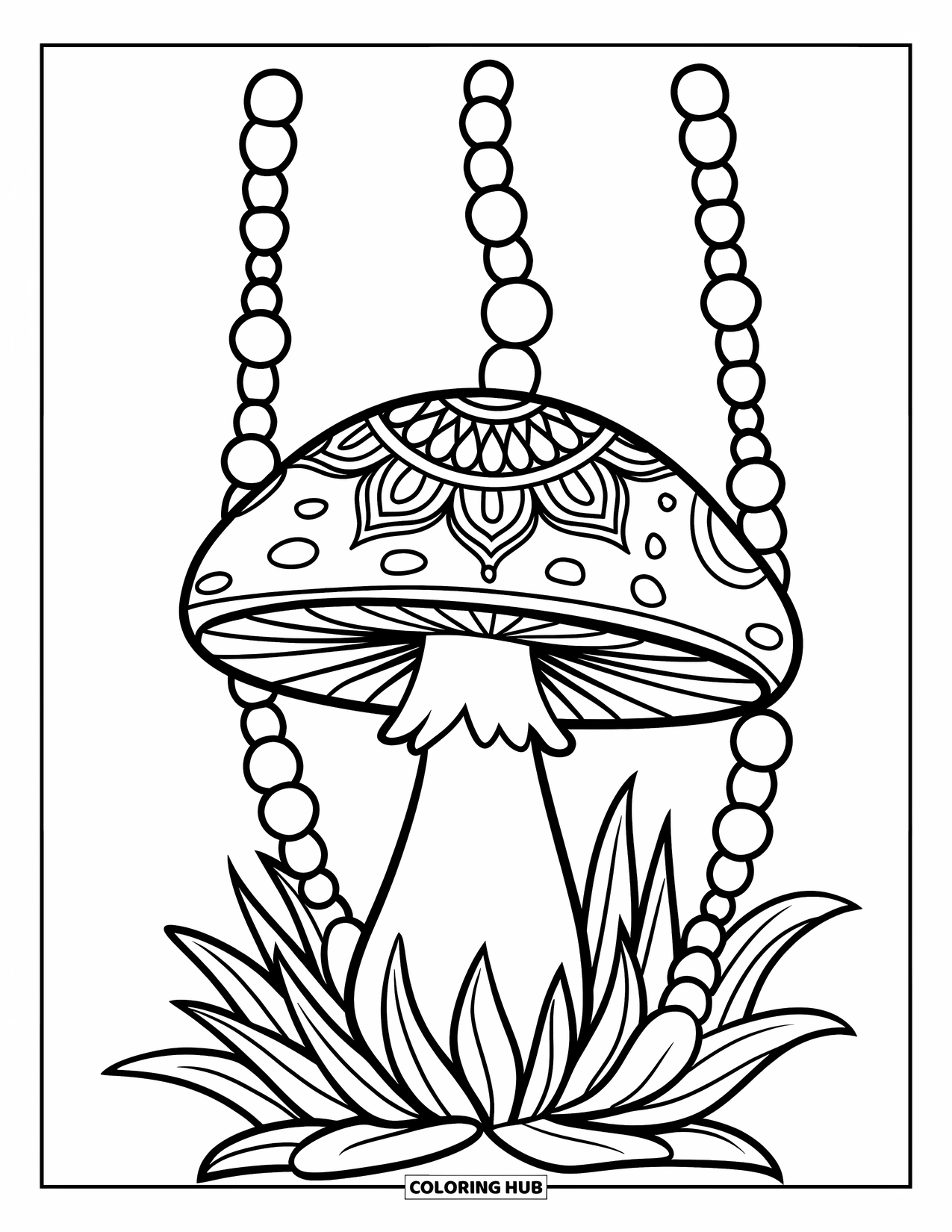 Hippie Mushroom Coloring Page for Kids: Mandala mushroom hanging from a string surrounded by beads