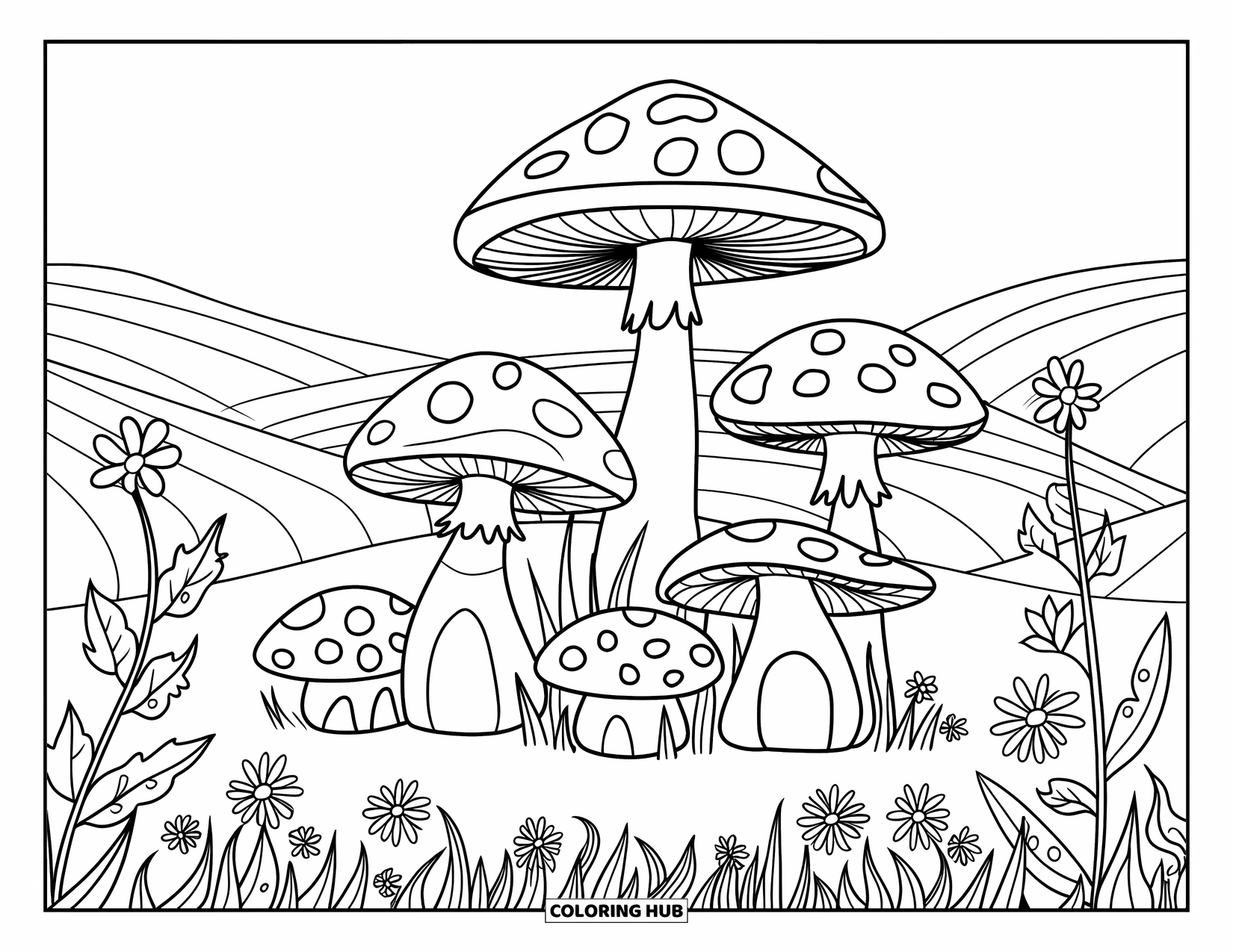 Hippie Mushroom Coloring Page for Kids: Mushroom village with huts, smiling shrooms, and rolling hills