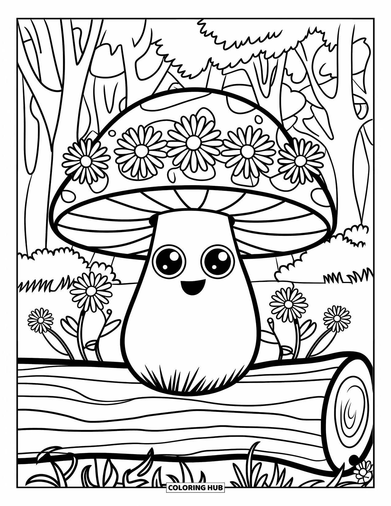 Hippie Mushroom Coloring Page for Kids: Mushroom with a flower crown and leafy forest background