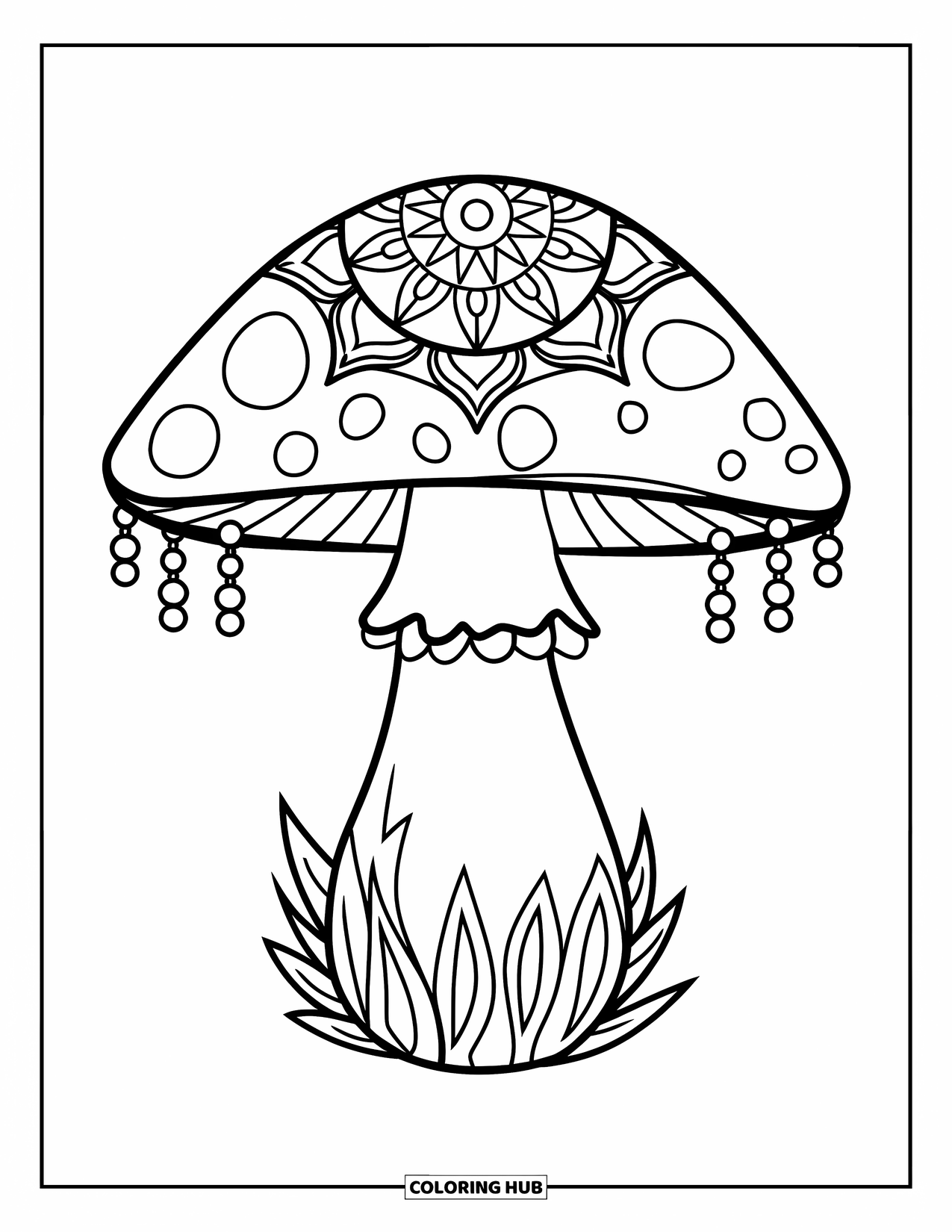 Hippie Mushroom Coloring Page for Kids: Mushroom with a patterned cap hanging from a branch