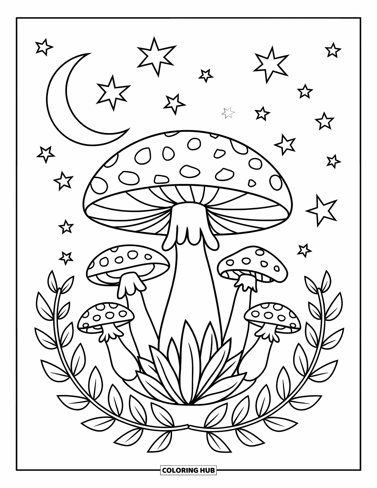 Hippie Mushroom Coloring Page for Kids: Mushroom with smiling face under a crescent moon and stars