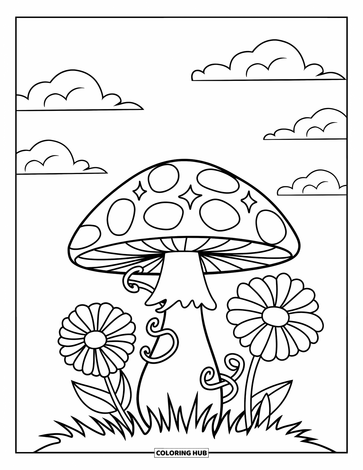 Hippie Mushroom Coloring Page for Kids: Mushroom with stars and curly vines on grassy ground